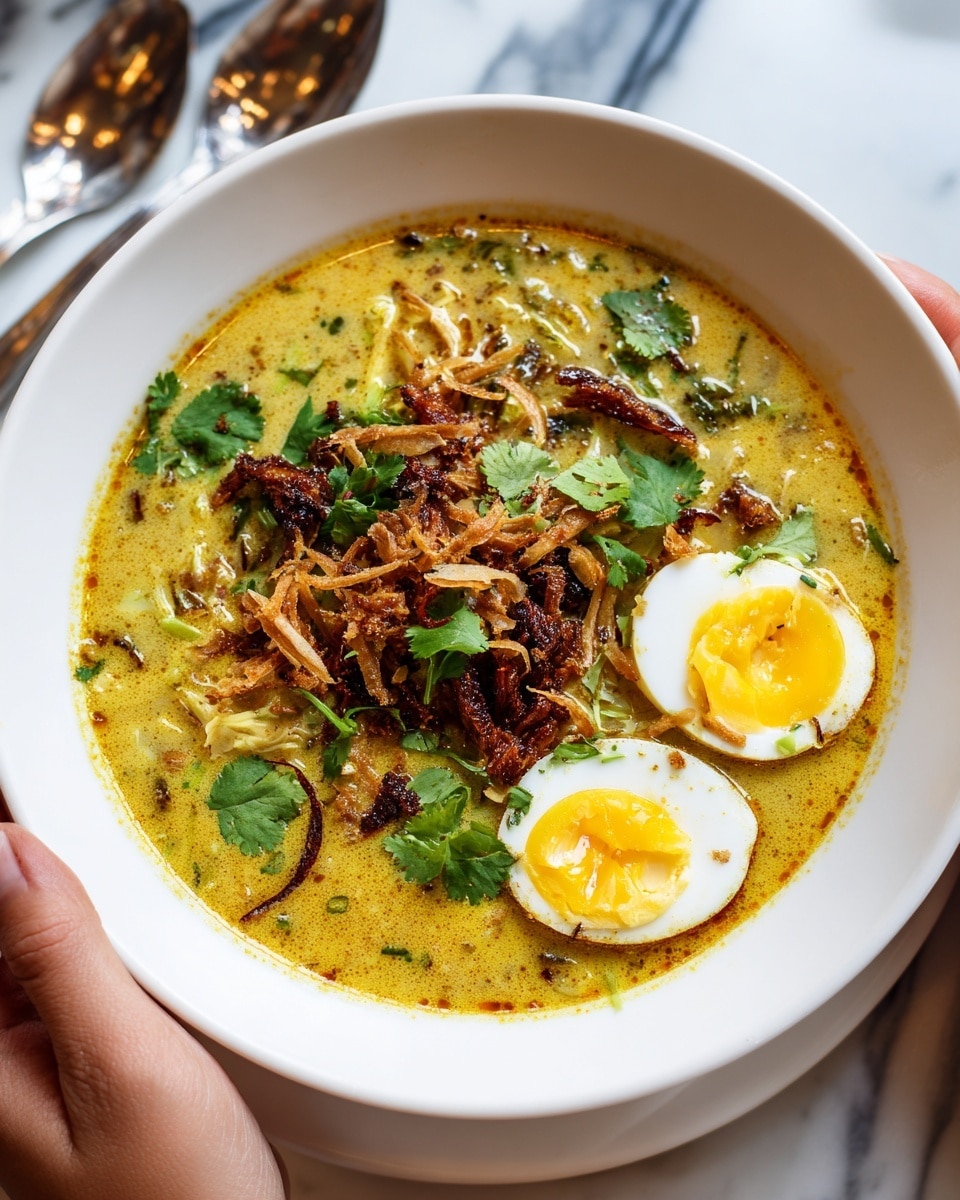 A white bowl filled with a thick, yellowish soup with visible bits of vegetables and spices. On top, there are two halves of a boiled egg with bright yellow yolks. The soup is garnished with crispy fried pieces, dark brown dried chili flakes, fresh green cilantro leaves, and thin golden-brown fried onions. The bowl is placed on a white marbled surface, with silver utensils next to it. A woman's hand is gently holding the bowl from one side. Photo taken with an iphone --ar 4:5 --v 7