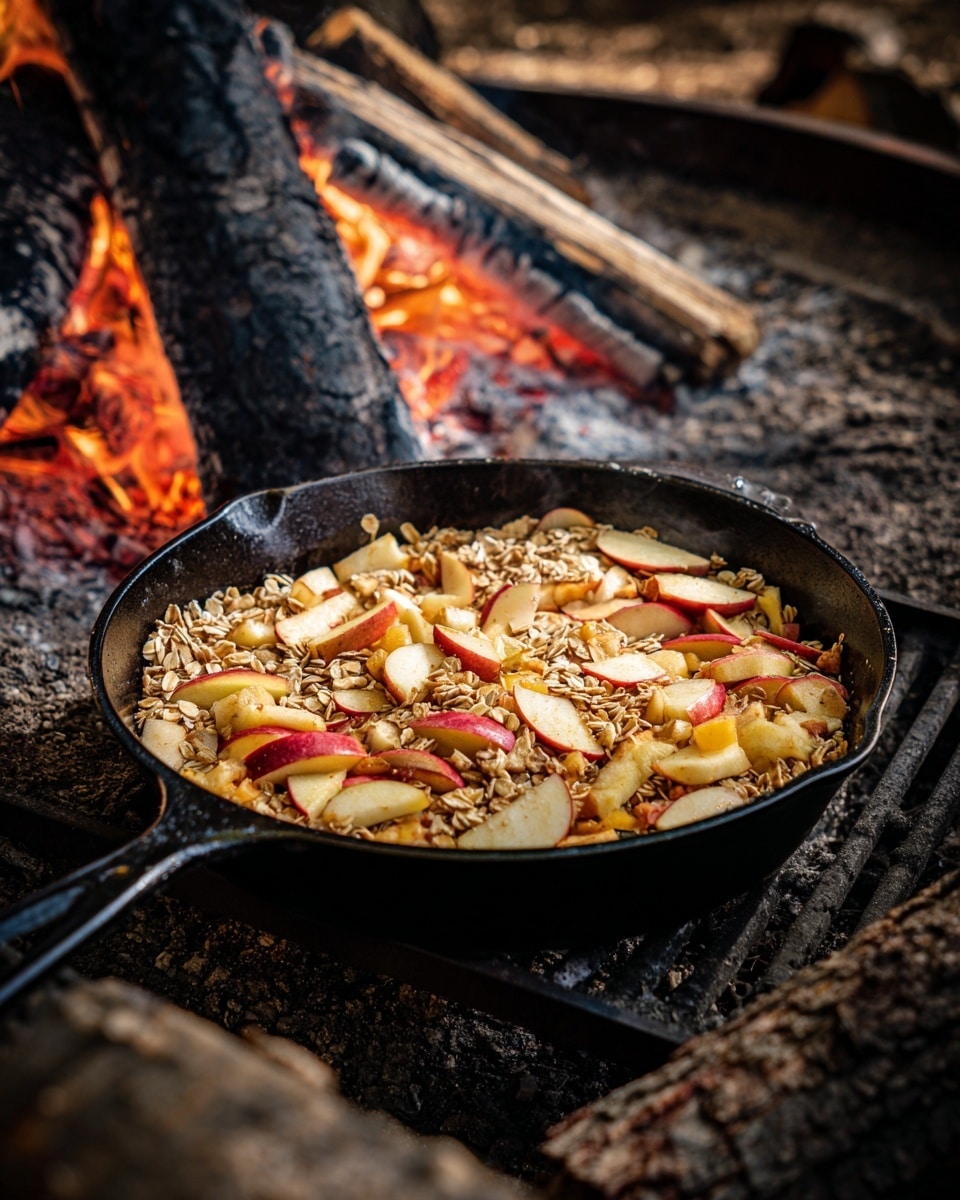 A black cast iron skillet holds a mix of sliced apples and oats cooking over a fire with glowing embers and logs around. The apples are in different colors like red, yellow, and some green, showing soft and slightly cooked textures. The oats appear golden brown, slightly toasted, and mixed well with the apples. The skillet is on a dark grill grate, and some steam rises from the cooking food. The background shows a black fire pit and logs with some ash. Photo taken with an iphone --ar 4:5 --v 7