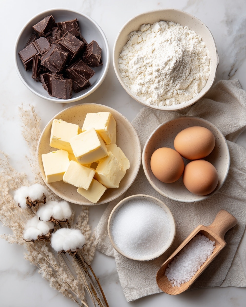 The image shows six key baking ingredients arranged on a white marbled surface. At the top left, there is a white bowl filled with dark chocolate chunks. Below it, another white bowl holds white flour with a fine texture. To the bottom left, a white bowl contains square pieces of pale yellow butter. In the middle right, three brown eggs are placed close to a beige bowl full of white sugar, which rests on a cream cloth napkin. Near the top right side, a small wooden scoop filled with coarse salt is placed next to some white fluffy dried flower stems. The scene is bright and clean, focusing on the simple natural colors and textures of the ingredients. photo taken with an iphone --ar 4:5 --v 7
