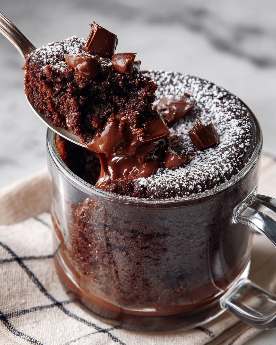 A clear glass mug filled with a thick, dark chocolate cake that looks moist and soft, with melted chocolate chunks visible on top and within the cake. A silver spoon lifts a portion of the cake, showing its rich, crumbly texture and shiny melted chocolate pieces. The mug sits on a white marbled surface with a pale cloth underneath featuring a thin black grid pattern. The rim of the mug has a light dusting of powdered sugar, adding a touch of white contrast to the deep brown cake. photo taken with an iphone --ar 4:5 --v 7