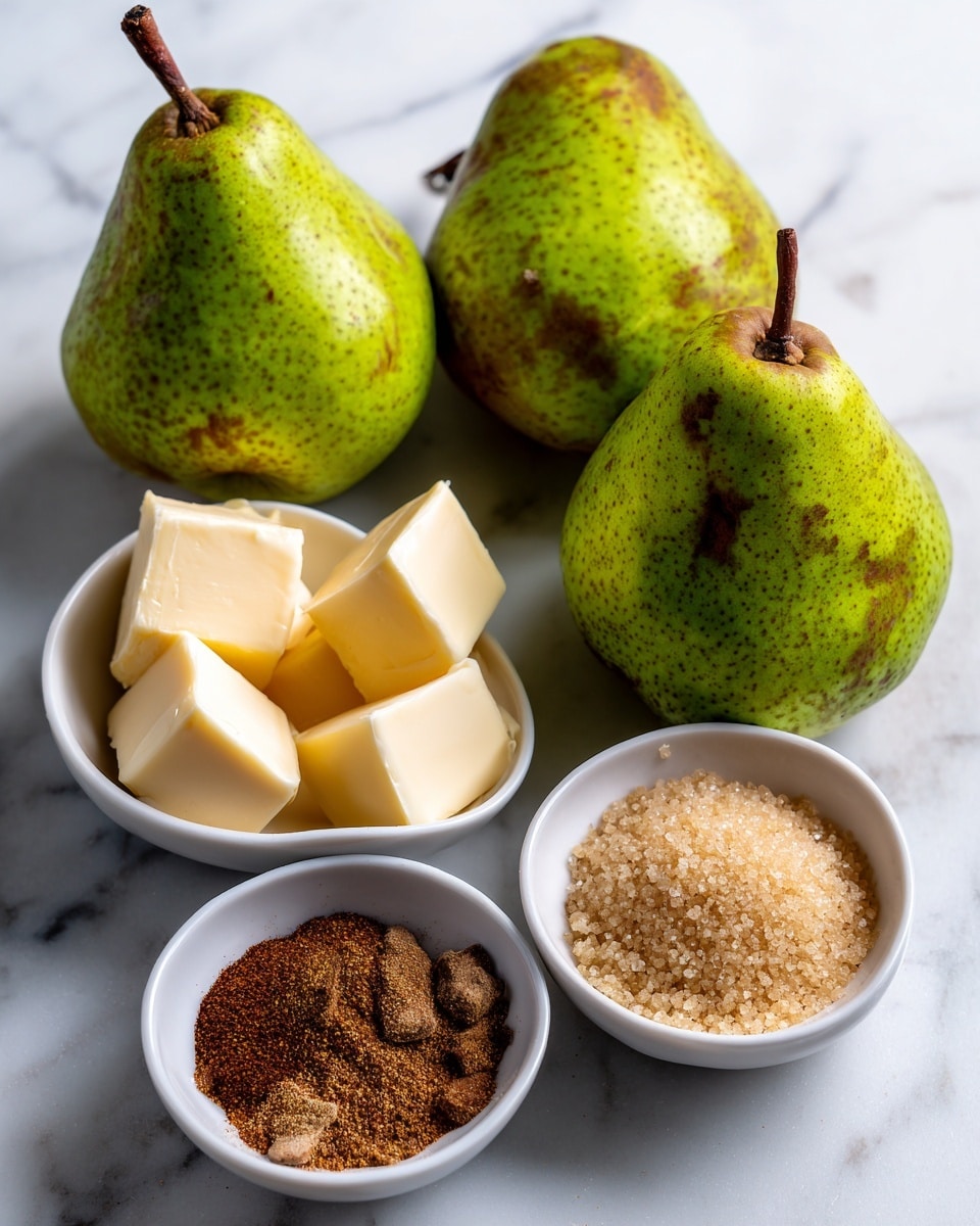The image shows four whole green pears with some brown spots, arranged closely on a white marbled surface. In front of the pears, there are three small white bowls; the nearest bowl contains light brown soft butter pieces, the middle bowl has packed light brown sugar, and the farthest bowl holds a mix of ground spices in different shades of brown, light beige, and reddish-brown. All items are placed neatly with soft natural lighting that highlights their textures. photo taken with an iphone --ar 4:5 --v 7
