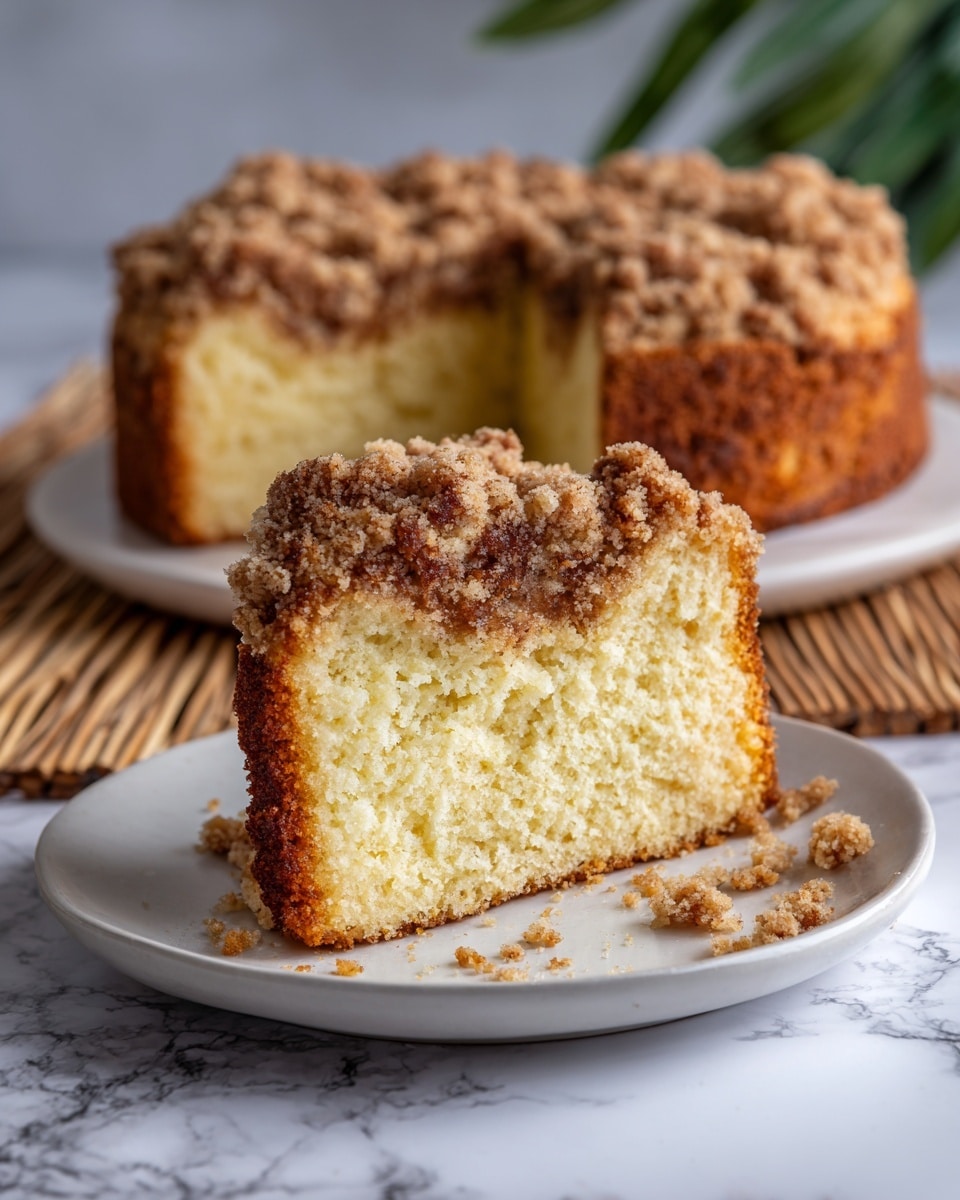 The image shows a crumb cake with a thick golden brown crumb topping layer that looks crunchy and uneven in shape, sitting on top of a light yellow cake layer that appears soft and moist. One slice is placed on a white plate with some crumbs scattered around. The cake rests on a white marbled surface with a bamboo-like mat in the background. The texture of the crumb is rough and crumbly, while the cake below is smooth and even. Photo taken with an iphone --ar 4:5 --v 7