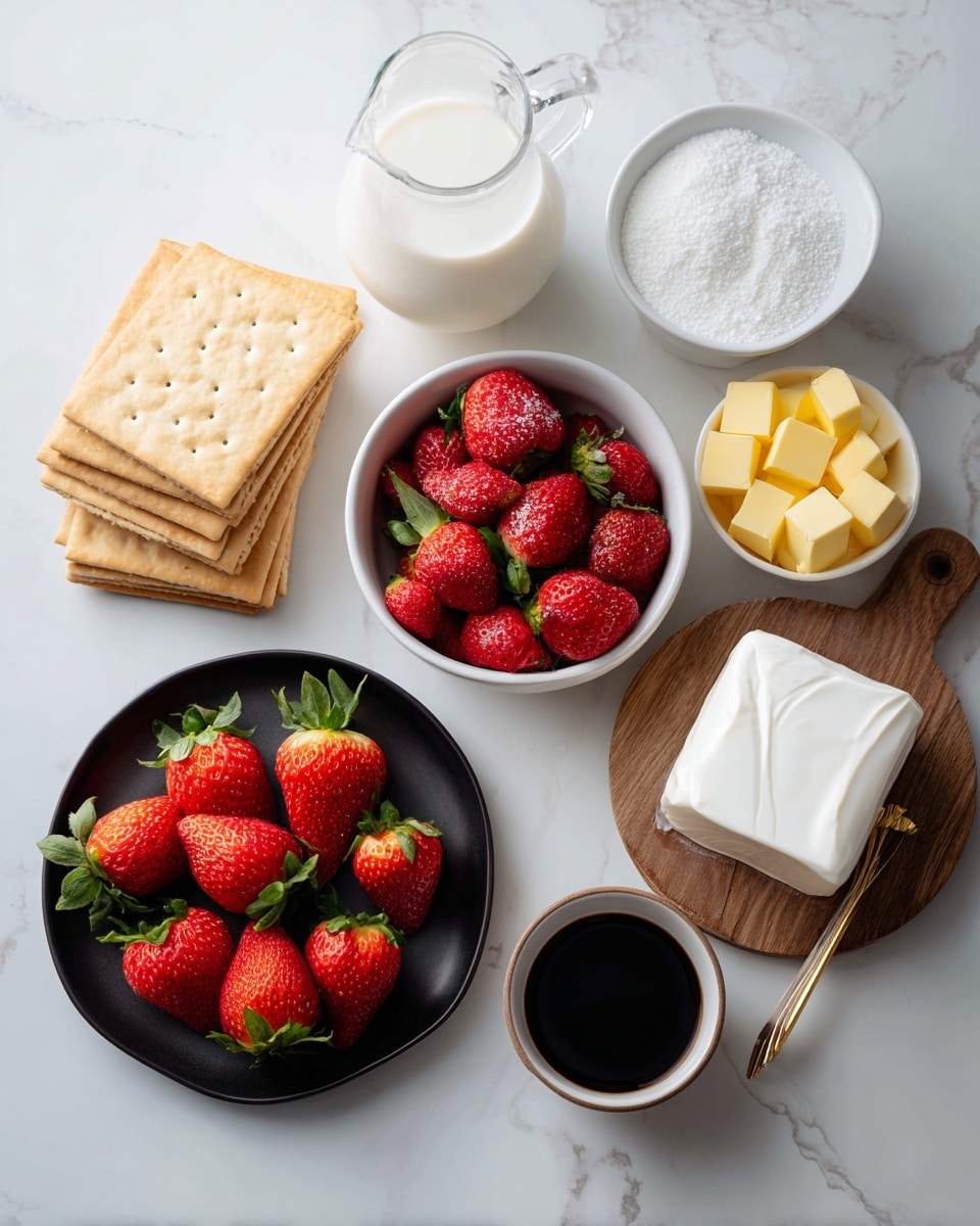A group of cooking ingredients neatly arranged on a white marbled surface includes a stack of light brown square crackers on the left, a small clear jug filled with white milk next to them, a white bowl filled with frosted red strawberries behind the jug, and a white bowl filled with white powdered sugar next to the strawberries. In front, there is a black round plate with fresh bright red strawberries with green leaves. A wooden round plate on the right holds a white block of cream cheese, while a small white bowl nearby contains yellow butter cubes. Another small white bowl filled with dark syrup is placed in front of the butter. photo taken with an iphone --ar 4:5 --v 7