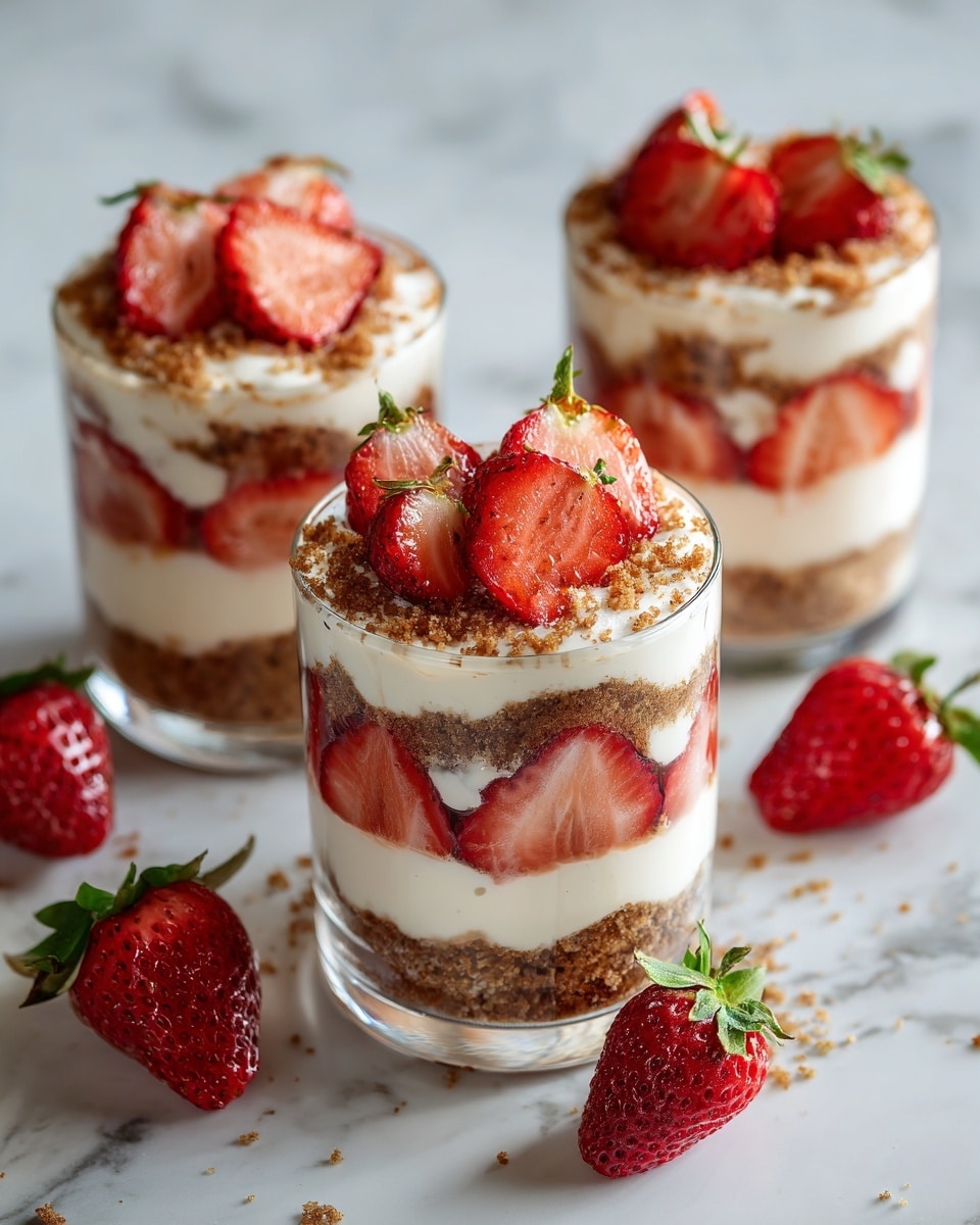 The image shows three clear glass dessert cups filled with layered strawberry parfaits. Each cup has multiple layers starting with a light cream at the bottom, followed by a crumbly brown layer, then topped with more cream. The top layer has fresh strawberry slices arranged neatly, with some whole small strawberries added on top for decoration. The glasses are placed on a white marbled surface, and there are a few whole strawberries scattered nearby. The scene is bright and fresh, highlighting the colors and textures of the dessert. Photo taken with an iphone --ar 4:5 --v 7