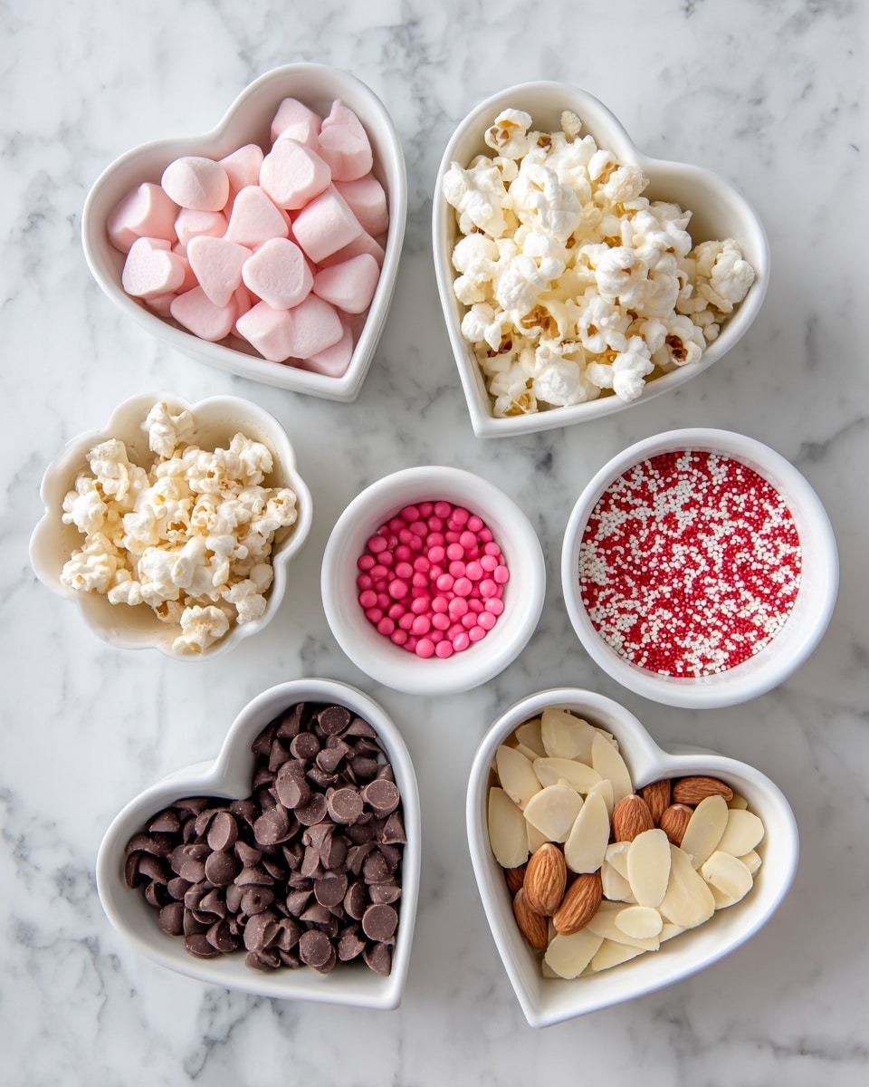 An overhead view of seven white bowls in different shapes arranged on a white marbled surface. The top bowl holds light pink candy pieces with a smooth texture. The next bowl, heart-shaped, is filled with small white popcorn-like puffs. Below it is a flower-shaped bowl with light beige puffed cereal. At the center, a small heart-shaped bowl contains bright pink small round candies. To its right, a round bowl is filled with red, white, and pink tiny round sprinkles. Below, a large heart-shaped bowl holds smooth dark brown chocolate chips. The last bowl, a small flower shape, contains sliced light brown almond pieces. photo taken with an iphone --ar 4:5 --v 7