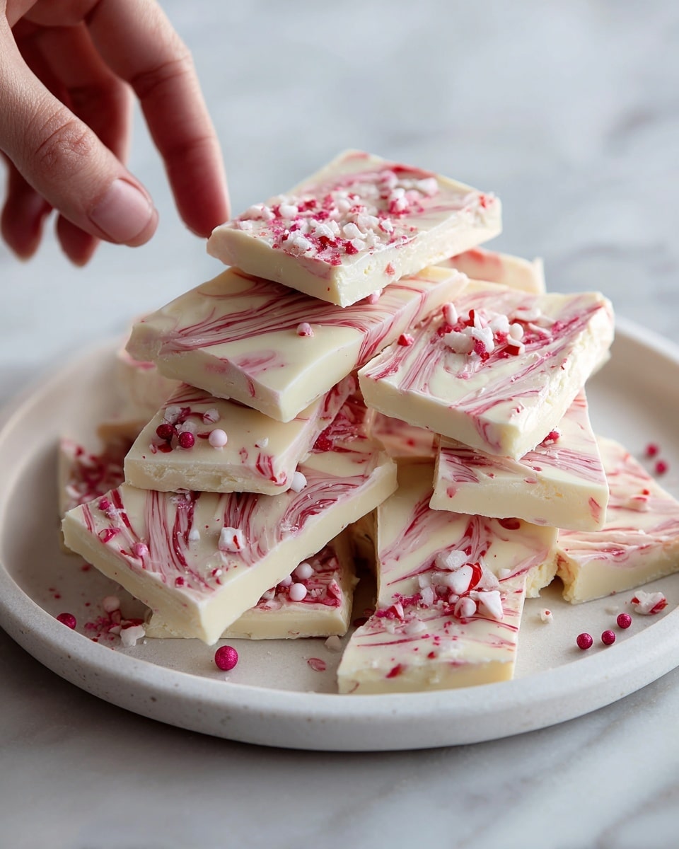 The image shows a pile of peppermint bark pieces stacked loosely on a white plate. The bark has two clear layers: the bottom layer is smooth and creamy white, while the top layer is white with swirled red peppermint patterns giving a marbled effect. Scattered over the top are small red and pink candy dots, adding texture and color contrast. The plate sits on a white marbled surface, and a woman's hand is reaching toward the plate from the side. photo taken with an iphone --ar 4:5 --v 7