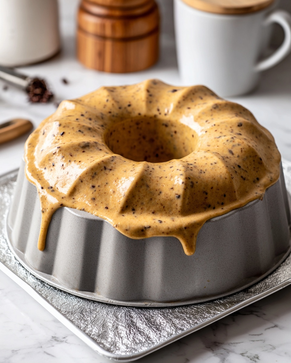 A pale gray bundt pan filled with light brown batter that has small dark brown bits mixed inside, spreading evenly around the pan’s central tube with some batter dripping down the side. The pan sits on a silver foil-covered tray against a white marbled surface with kitchen tools visible in the background. photo taken with an iphone --ar 4:5 --v 7