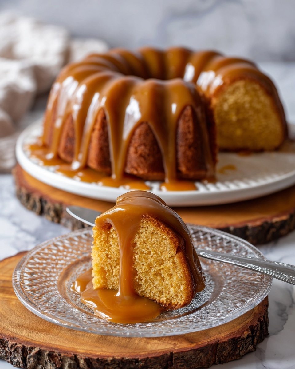 The image shows a round bundt cake with a golden brown color, covered in shiny caramel sauce that drips down the sides. One slice is cut from the cake, placed on a clear glass plate in the foreground, with the thick caramel sauce pooling around the slice. The main cake sits on a white patterned plate, which is placed on a wooden round board with rough bark edges. The surface beneath everything is a white marbled texture. A knife with a metal handle lies on the plate next to the cake photo taken with an iphone --ar 4:5 --v 7
