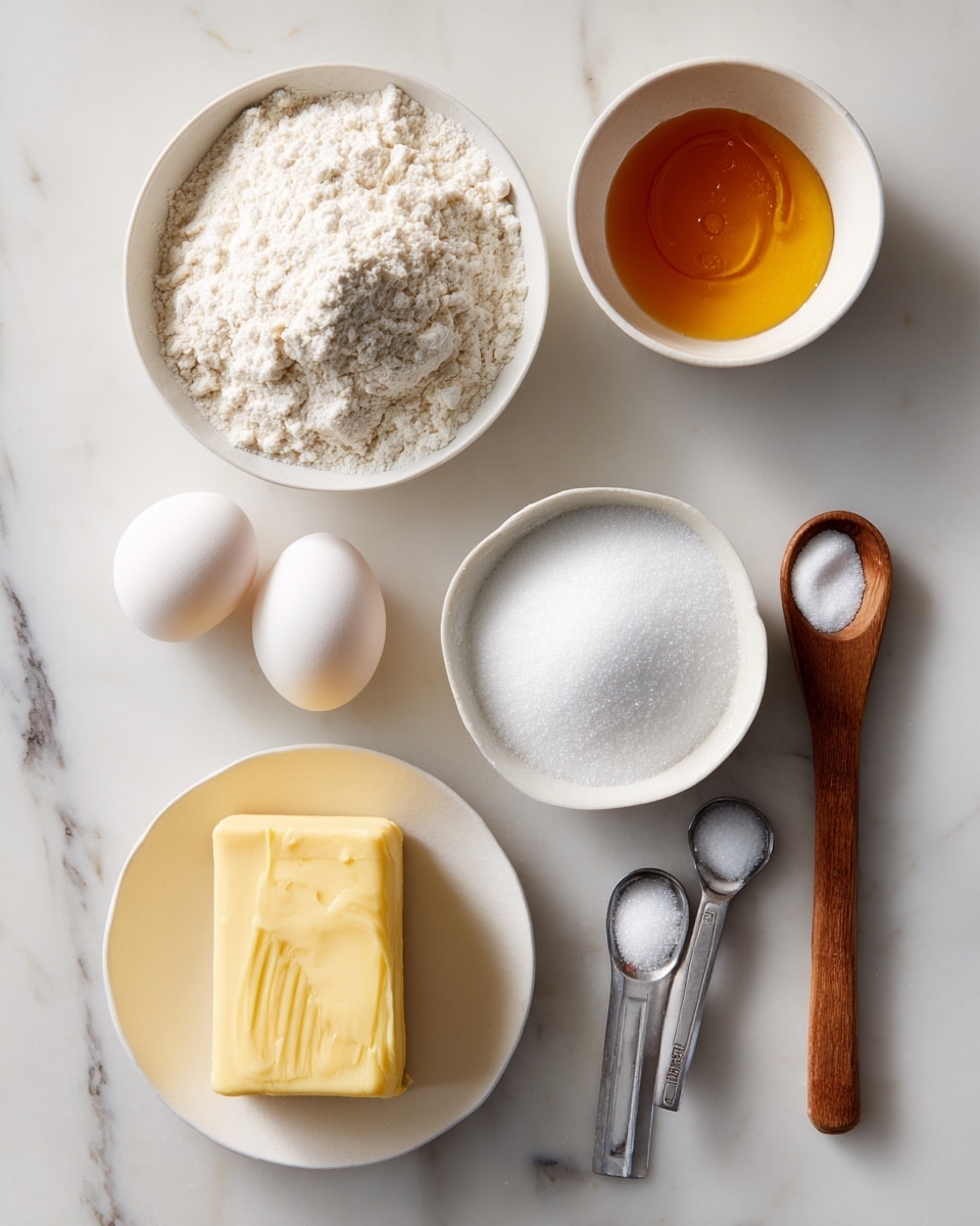 The image shows six separate ingredients placed on a white marbled surface: in the top left, a white bowl holds a pile of white flour; in the center top, a white bowl contains golden liquid honey with a smooth texture; in the top right, a white bowl is filled with fine white sugar; at the bottom left, there are two whole white eggs sitting on the surface; at the bottom center, a white bowl holds a solid block of pale yellow butter; and at the bottom right, a wooden teaspoon with white powder rests on the surface alongside other measuring spoons. Photo taken with an iphone --ar 4:5 --v 7