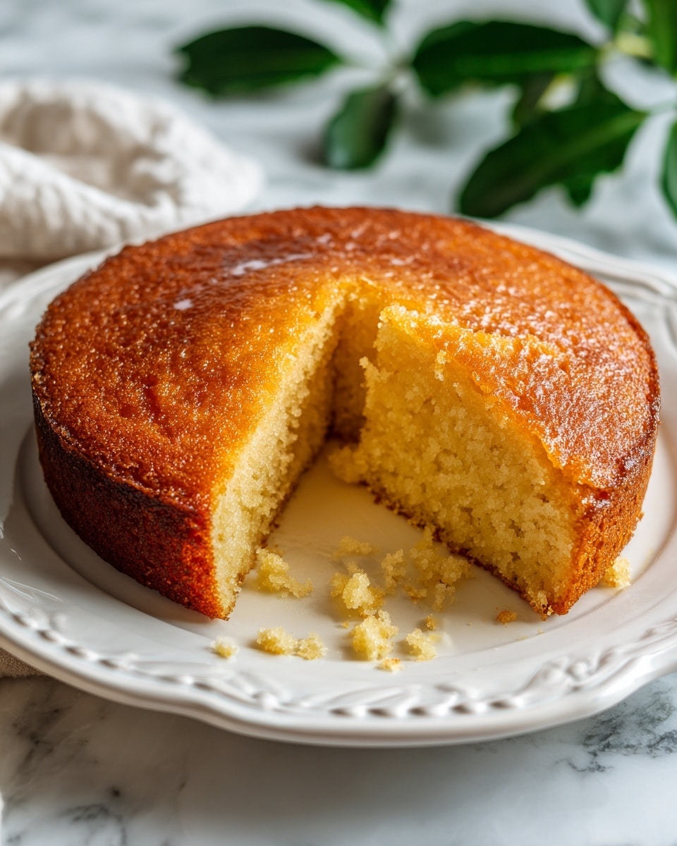 A round, single-layer golden brown cake with a moist and soft texture is placed on a white plate with decorative edges. A wedge of the cake is missing, showing the crumbly inside with small cake crumbs scattered on the plate. The cake has a slightly caramelized top layer with a shiny surface. In the background, there are green leaves, and the whole scene is set on a white marbled texture. photo taken with an iphone --ar 4:5 --v 7