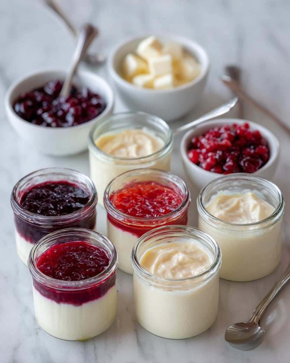 The image shows nine small glass jars filled with three types of layers. The first row of jars has a dark purple layer with a smooth texture, topped with a creamy white layer that looks thick and soft. The middle row of jars contains a bright red layer with a slightly chunky texture, with the creamy white layer on top as well. The bottom row of jars shows only the creamy white layer filling each jar. Behind the jars, there are three white bowls on a white marbled surface: the left bowl contains the dark purple fruit mixture, the middle bowl has white small pieces of something soft, and the right bowl is filled with the bright red fruit mix; each bowl has a spoon. Photo taken with an iphone --ar 4:5 --v 7