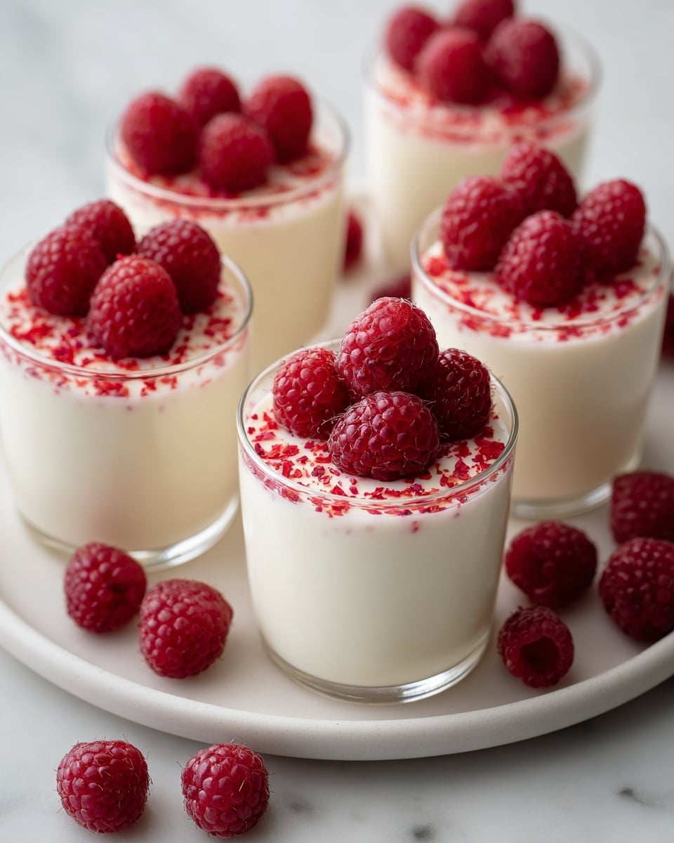 Five clear glass cups filled with three layers are arranged on a white plate. The bottom layer is white and smooth, likely yogurt or cream. The middle layer is not visible, but the top layer is decorated with a cluster of bright red raspberries and sprinkled with small red flakes. The raspberries are fresh and round with a bumpy texture. Around the white plate, several loose raspberries are scattered on a white marbled surface. The overall look is clean and fresh, with the bright red of the raspberries standing out against the creamy white layers. Photo taken with an iphone --ar 4:5 --v 7