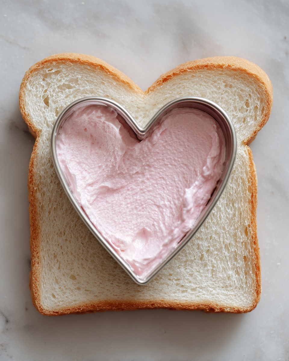 A single slice of white bread lies flat on a white marbled surface, with a shiny metal heart-shaped cookie cutter placed on top. Inside the cookie cutter, there is a spread of pink creamy substance partially filling the heart shape on the bread. The bread has a light golden crust around its edges, and the pink spread slightly bleeds outside the metal cutter, blending softly with the white bread underneath. Photo taken with an iphone --ar 4:5 --v 7