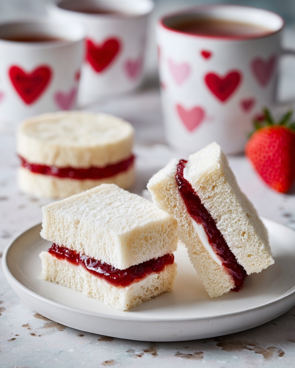 The image shows three small sandwich shapes on a simple white plate placed on a white marbled table. The sandwiches are made of soft white bread with the crusts removed. The front sandwich is shaped like a bell and shows a layer of white bread outside and a thin red layer of strawberry jam peeking through in the middle. Behind it, there is a round sandwich with the same white bread and red jam layers, and next to it, a square sandwich is visible. On the right edge of the image, a large red strawberry is partly in view, and the background area shows blurred mugs with red hearts and some fresh strawberries. photo taken with an iphone --ar 4:5 --v 7