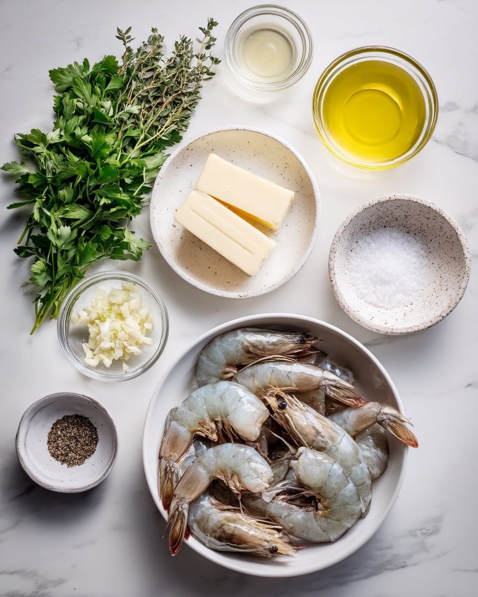 The image shows raw shrimp with shells and tails placed in a white bowl on the right side. Below that is a small white speckled bowl with coarse salt. To the left of the shrimp, there is a small clear glass bowl with two sticks of butter, and above it is another small clear glass bowl with a light yellow liquid, likely olive oil. In the center is a clear glass bowl filled with finely chopped garlic. To the left of that, a small white speckled bowl contains black pepper. Above that, a white bowl has a pale yellow liquid, possibly lemon juice or vinegar. To the left of everything, a white plate holds fresh green herbs, including parsley and oregano. All items are arranged on a white marbled surface photo taken with an iphone --ar 4:5 --v 7