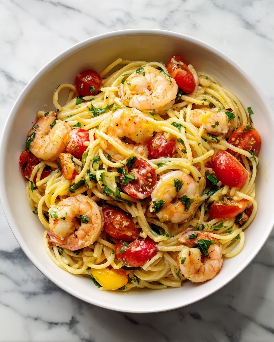 A white bowl filled with spaghetti pasta mixed with large cooked shrimp, cherry tomato halves, and green herbs, creating a colorful blend of light yellow noodles, pink shrimp, red tomatoes, and fresh green leaves. The shrimp and tomatoes are spread evenly throughout the dish, with the green herbs sprinkled on top, adding a fresh touch. The bowl sits on a white marbled surface. photo taken with an iphone --ar 4:5 --v 7
