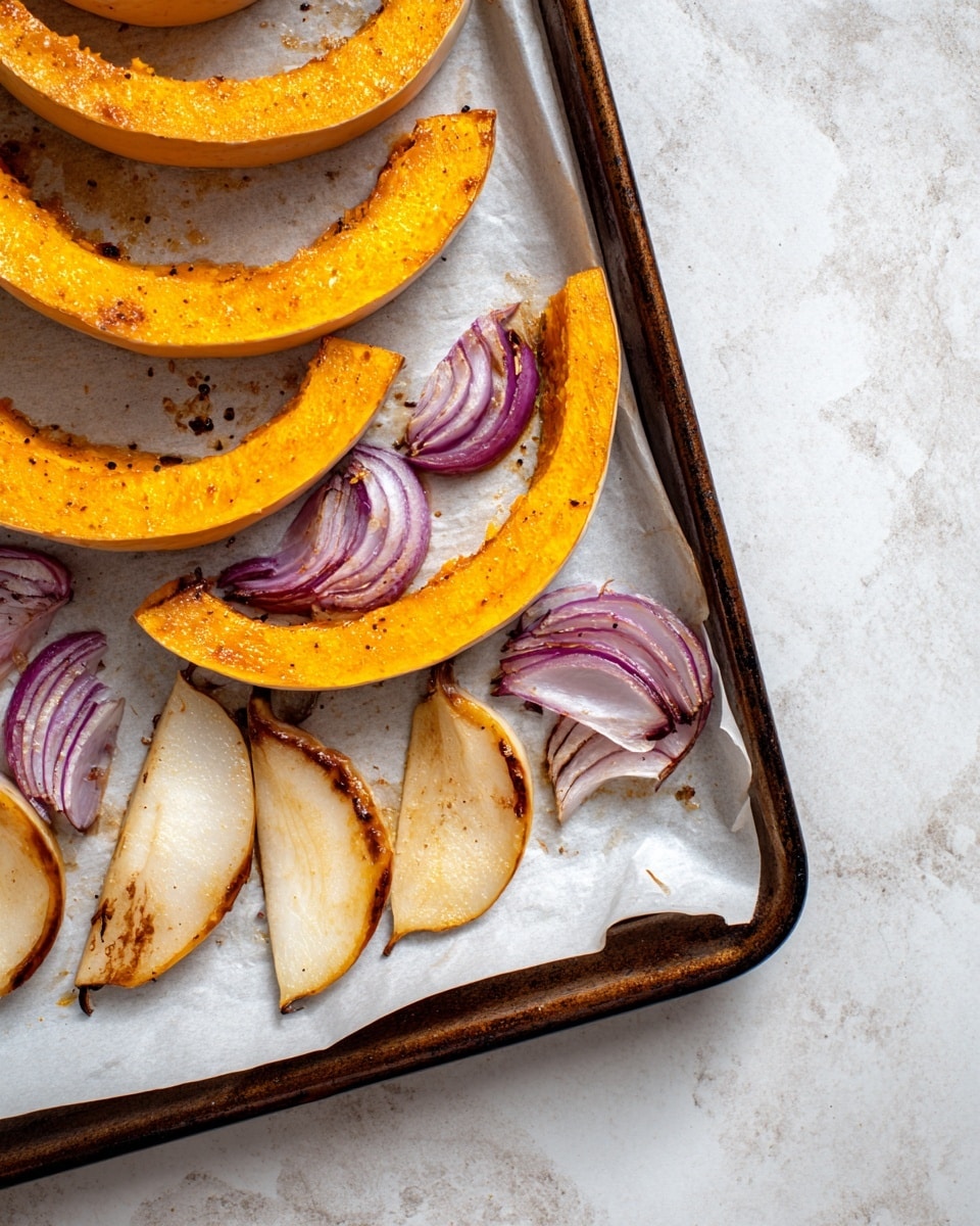 The image shows a baking tray lined with white parchment paper on a white marbled surface. On the tray, there are three large, curved pumpkin slices with bright orange, slightly roasted surfaces arranged at the top. Below the pumpkin, there are several small, chopped pieces of red onion showing vibrant purple and white layers with a slight roasted edge. At the bottom, there are seven pear slices with light beige flesh and soft brown roasted edges, arranged in a loose line. The colors contrast well, with the warm pumpkin orange, deep purple onion, and pale pear creating a visually appealing mix. photo taken with an iphone --ar 4:5 --v 7