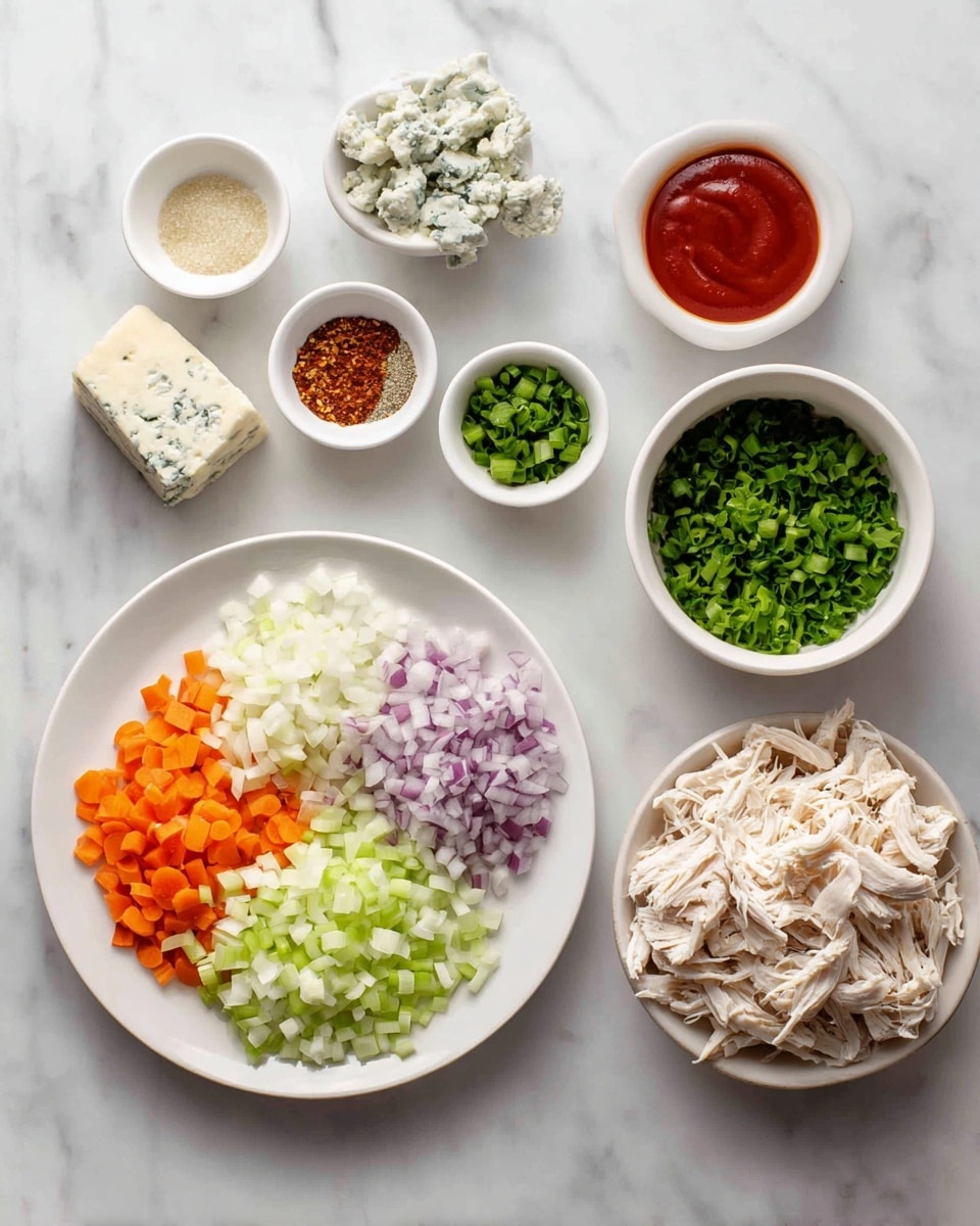 The image shows a white marbled surface with several white dishes arranged neatly. There is a white plate filled with shredded cooked chicken on the right side. Near the center, a white bowl holds chopped green onions. Below this, a larger white plate is divided into four sections containing finely chopped red onions, diced celery, small orange carrot pieces, and a mound of green herbs. Above these, three small white bowls sit close together: one with a mix of salt, pepper, and other spices, another with a bright red sauce, and a block of blue cheese on the far left. The colors contrast well with the white dishes and the white marbled background. photo taken with an iphone --ar 4:5 --v 7