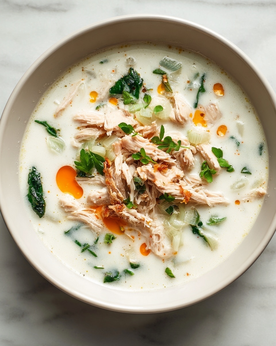 A white bowl filled with creamy white soup has pieces of light brown shredded chicken on top. There are small chunks of green vegetables floating in the soup. A splash of orange oil or sauce adds a bright color on the surface near the chicken. The bowl is placed on a white marbled surface. photo taken with an iphone --ar 4:5 --v 7