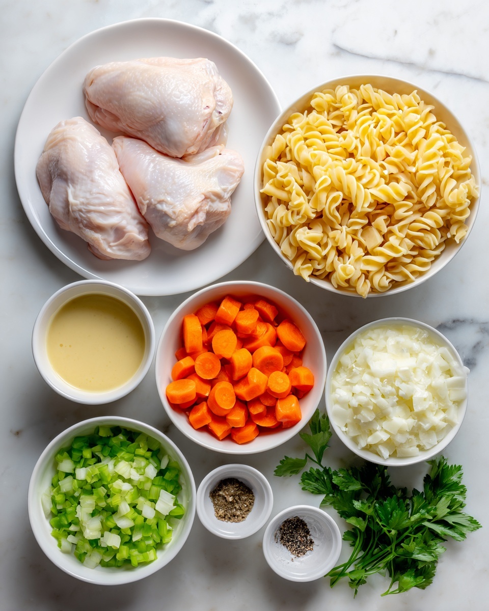 The image shows several white bowls and plates arranged on a white marbled surface. At the top, a white plate holds two raw chicken pieces with a smooth pale pink color. Below it, a bowl contains uncooked yellow pasta with a curly shape. Around these are smaller white bowls filled with chopped orange carrots, chopped green celery, finely chopped white onions, minced garlic, creamy yellow sauce, light brown broth, white cream or milk, and two small containers with black pepper and salt. Fresh green parsley sits on the surface at the corners. Photo taken with an iphone --ar 4:5 --v 7