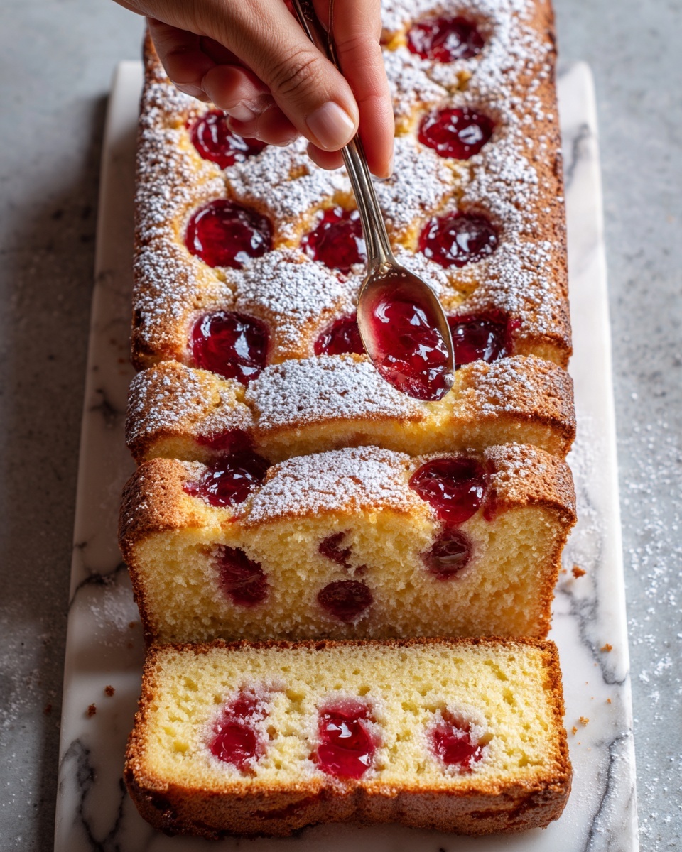 The image shows a tall rectangular baked cake with a golden-brown top on a white marbled surface. The cake has several round holes filled with bright red jam evenly spread in rows. The cake appears soft and moist with a slight crumb texture around the edges. One photo shows a woman's hand using a spoon to place jam into a hole. Another close-up shows a slice of the cake with jam inside, revealing a light, fluffy inside and a sprinkle of powdered sugar on top. The overall colors are warm golden brown, white powdered sugar, and vibrant red jam. Photo taken with an iphone --ar 4:5 --v 7