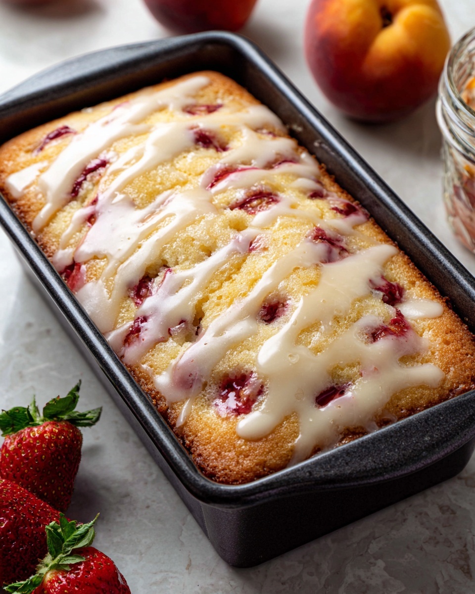 A rectangular baked pastry in a black pan with a golden brown top layer covered with a smooth, white glaze dripped unevenly. There are visible deep red fruit patches spread below the surface of the glaze, giving spots of texture and color contrast. The pastry has a soft, slightly puffy appearance with small browned spots on the top. The pan sits on a white marbled surface with blurred peaches and a jar in the background, and a few red strawberries at the bottom edge of the image. photo taken with an iphone --ar 4:5 --v 7