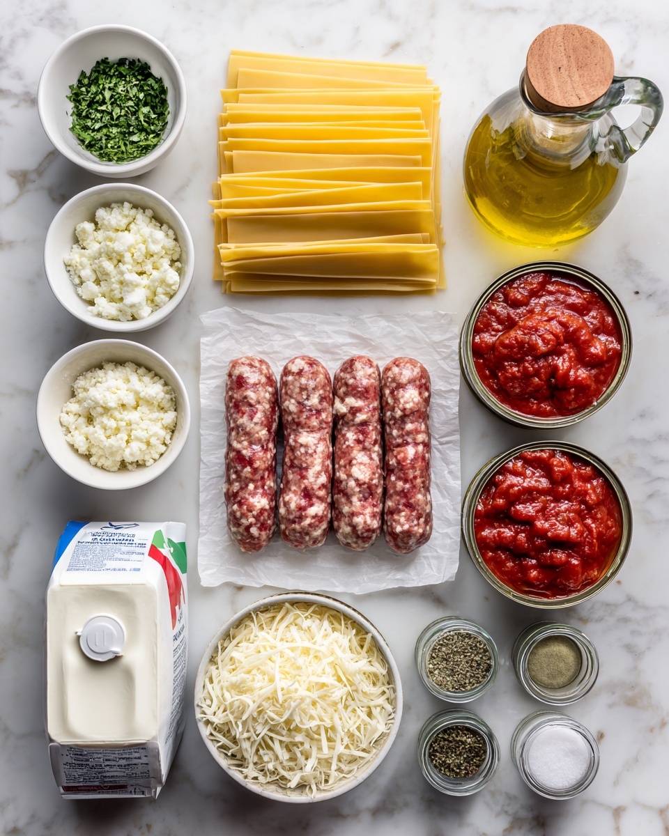 A white marbled surface displays all ingredients for making lasagna, arranged neatly in layers and rows. On the left, there are two small white bowls, one with chopped green herbs and the other with finely minced garlic. Next to them is a small open can of thick red tomato paste. In the middle top, there are several wide, flat, yellow lasagna pasta sheets stacked in a neat pile. To the right center is a square piece of parchment paper holding five raw sausage links with a coarse texture and reddish color mixed with white fat. Above the sausage is a glass bottle of golden olive oil with a wooden top. To the right of the oil, two open cans filled with chunky red tomato sauce sit side by side. Below the cans is a white carton of cream or milk with a blue and red label. Along the bottom row, there is a small glass bowl of finely grated white cheese, a larger glass bowl of shredded cheese, and three small spice jars labeled black pepper, salt, and Italian seasoning. Next to them is a tiny pile of dried herbs on a small white dish, and finally, a glass bowl filled with small pieces of diced white onions completes the picture. All ingredients are fresh, clean, and evenly spaced. Photo taken with an iphone --ar 4:5 --v 7
