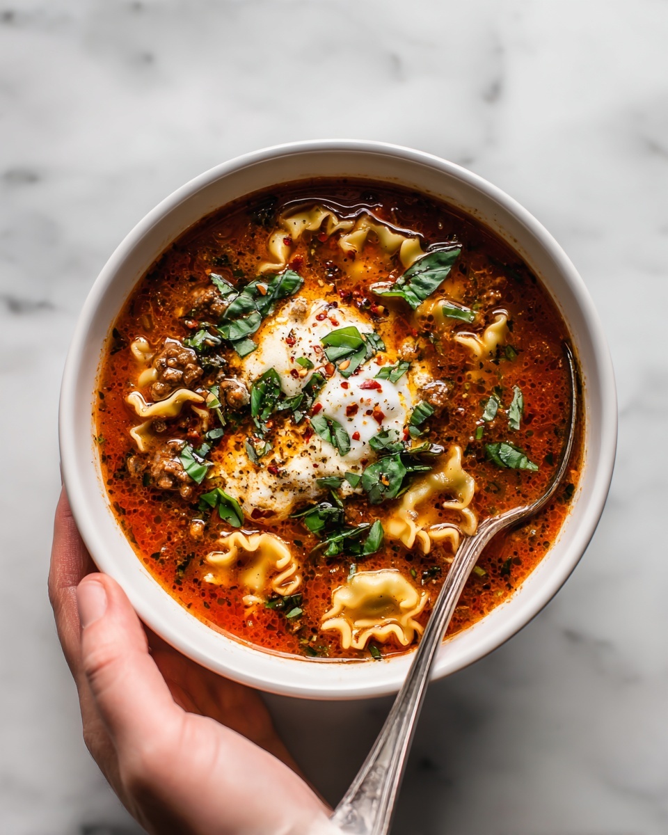 A white bowl filled with lasagna soup showing three clear layers: a red tomato broth with visible herbs and small meat pieces at the bottom, curly lasagna noodles floating mid-layer, and a dollop of melted white cheese topped with red chili flakes and fresh basil leaves on top. A woman's hand holds a silver spoon resting inside the bowl on the right side. The bowl sits on a white marbled surface with soft natural lighting. Photo taken with an iphone --ar 4:5 --v 7