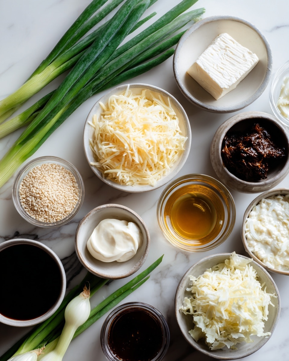 Several small white and dark bowls with different ingredients are arranged on a white marbled surface. There are green onions with long green stalks and white tips, a bowl with a white soft cheese, a bowl with shredded pale yellow cheese, a bowl with light brown grains, a dark bowl with a creamy white dollop, a small glass bowl with golden liquid, two bowls with dark brown sauces, and two bowls with white creamy ingredients. The colors vary from white, cream, and green to dark brown and golden, showing a mix of textures from creamy, shredded, to chunky. Photo taken with an iphone --ar 4:5 --v 7