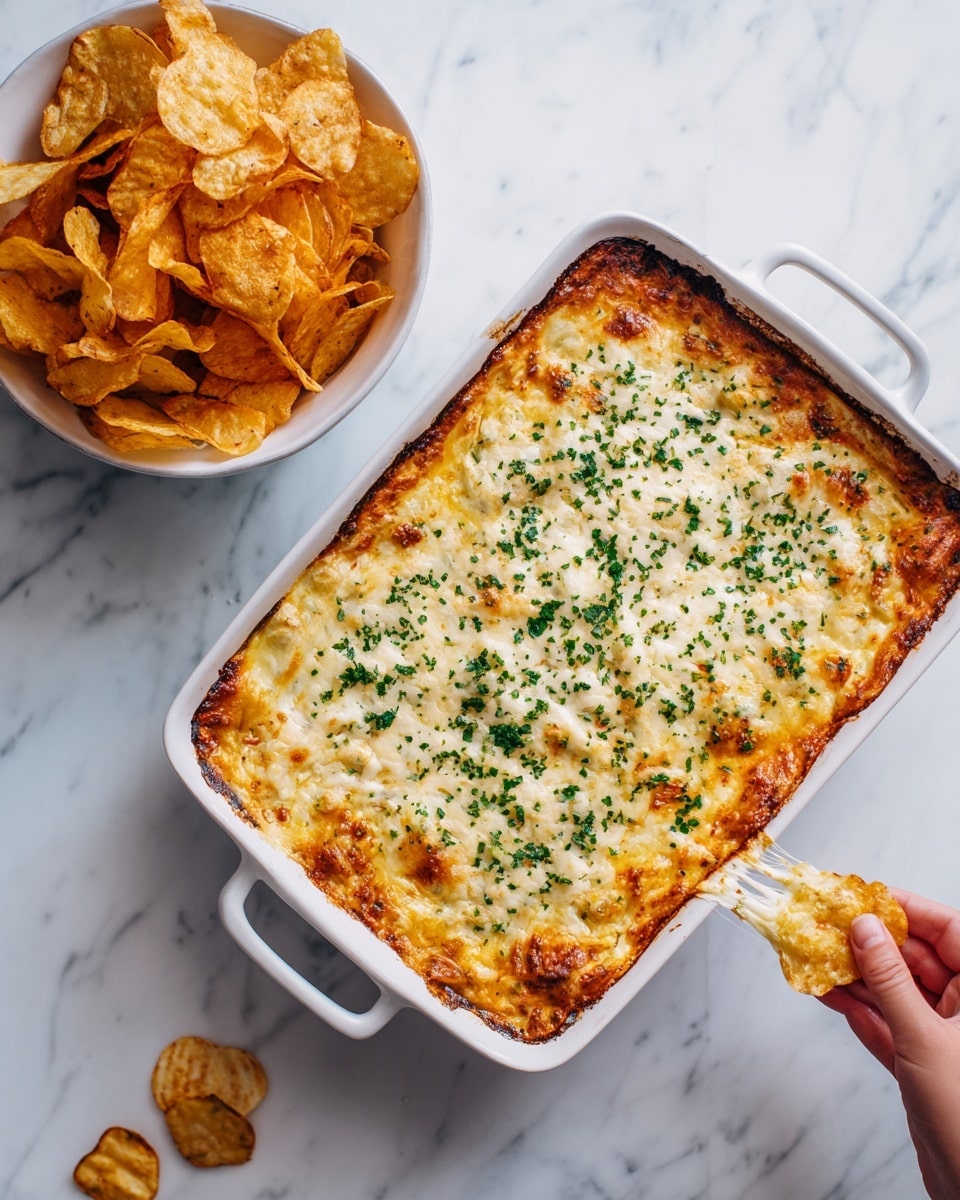 A white rectangular baking dish with a cheesy, golden-brown top layer sprinkled with green herbs, showing part of the cheesy filling underneath. To the right, a white bowl filled with irregularly shaped, golden crispy chips. The scene is set on a white marbled surface with a small glimpse of a woman's hand holding a piece of chip near the dish. The cheese layer has a smooth but slightly browned texture with melted cheese pulling away from the dish edge. Photo taken with an iphone --ar 4:5 --v 7