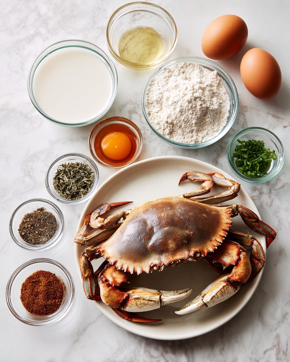 On a white plate, a whole crab is placed with visible legs and claws. Surrounding the plate on a white marbled surface are several glass bowls filled with various ingredients: white flour, a white liquid (likely milk), finely chopped green herbs, a reddish-brown liquid, a whole raw egg, and three different spices in small glass bowls—black pepper, a reddish-brown powder, and a fine brown powder. A woman's hand is not shown interacting. photo taken with an iphone --ar 4:5 --v 7