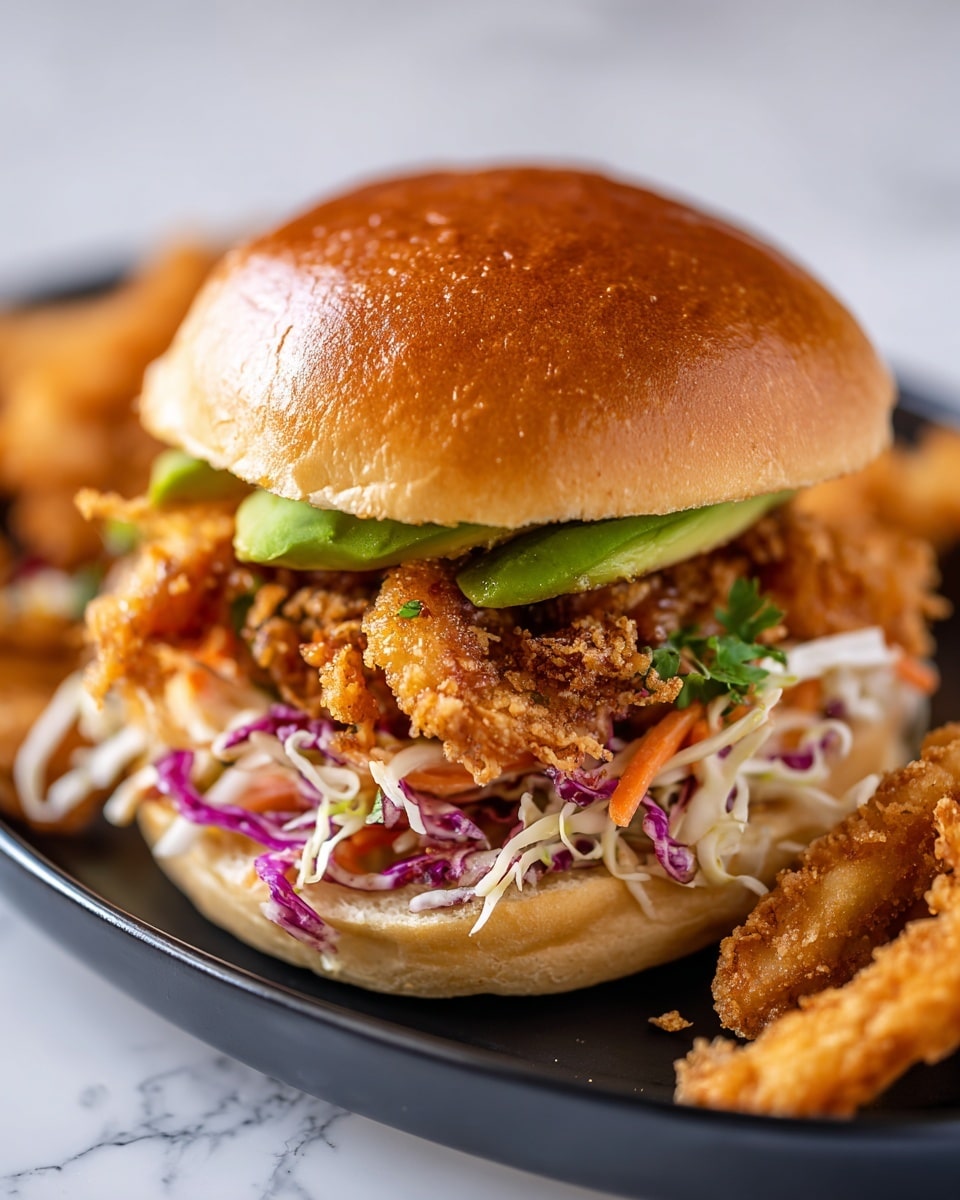 A close-up of a soft, shiny brown burger bun on top, with slices of green avocado just beneath it. Under the avocado, there is a thick layer of crispy fried soft shell crab with a golden brown crunchy texture. Below the crab, a fresh mix of colorful shredded vegetables like white cabbage, purple cabbage, and orange carrots adds a layer of texture and color. All contents are stacked on a white burger bun base. The burger sits on a black plate with more crunchy fried crab legs arranged around it. The whole scene is placed on a white marbled textured surface in bright lighting, showing all details clearly. photo taken with an iphone --ar 4:5 --v 7