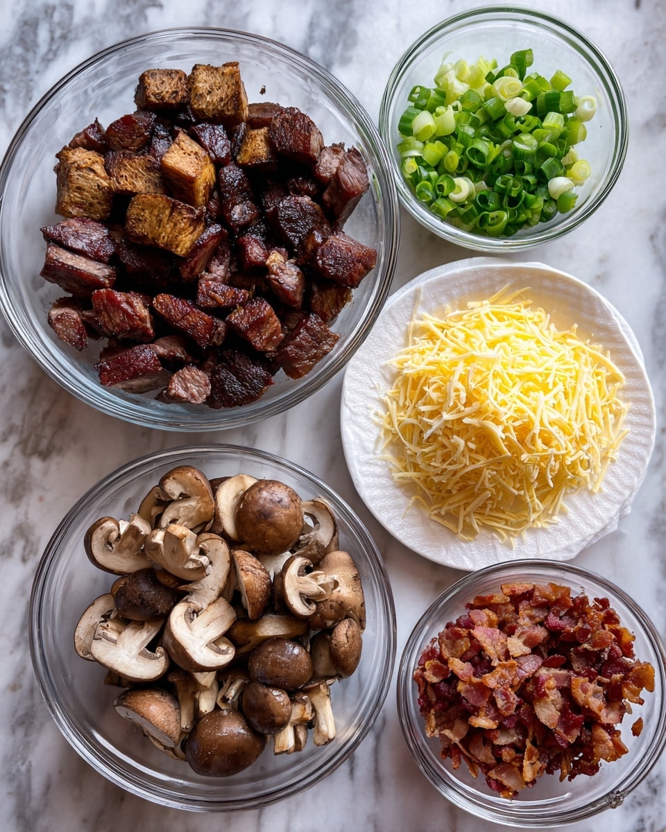 The image shows five containers of different ingredients arranged on a counter with a white marbled texture. In the largest clear glass bowl on the left side, there are many pieces of grilled meat cut into slices and chunks with a dark brown and reddish color. Above this bowl, there are two small round glass containers, one filled with browned mushrooms that have a shiny texture, and the other with sliced green onions showing bright green and white layers. To the right of the bowls, a white plate holds a pile of grated yellow cheese. At the bottom right, another clear glass bowl contains cooked bacon bits lined with white paper towel to absorb oil, showing a rich reddish-brown color. photo taken with an iphone --ar 4:5 --v 7
