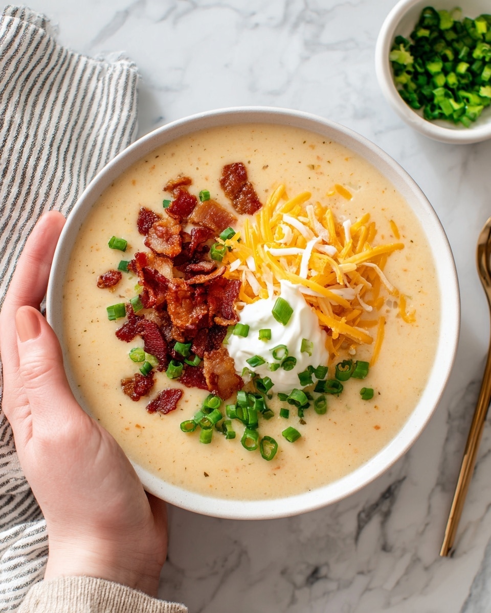 The image shows a creamy soup in a white bowl with a smooth, light beige base. On top of the soup, there are small crispy bacon pieces clustered mostly on one side, adding a dark reddish-brown color and crunchy texture. A dollop of white sour cream sits near the center, soft and smooth in appearance. Shredded yellow cheddar cheese is sprinkled next to the sour cream, with thin, slightly curly strands. Finely chopped bright green onions are placed in a pile on the opposite side of the bacon, adding a fresh and vibrant touch. The bowl is placed on a white marbled surface, and a woman's hand holds the bowl gently from the side. In the background, a small bowl of extra chopped green onions can be seen. Photo taken with an iphone --ar 4:5 --v 7