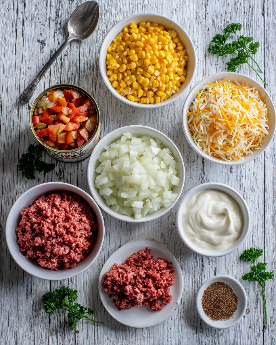 The image shows seven bowls and a can arranged on a wooden surface with a white marbled texture. In the center bottom is a white bowl filled with yellow corn kernels. Above it, slightly to the left, is a white bowl filled with chopped white onions. To the right of the onions is a white bowl filled with shredded orange and white cheese. Below the cheese is a white bowl containing ground red meat, which is placed on a white plate. To the left of the corn is an unopened can of diced tomatoes with visible colorful labeling. Above the tomatoes is a white bowl filled with a creamy white sauce. To the right of the creamy sauce is a small white bowl filled with a dark brown spice or seasoning powder. Parsley sprigs are scattered around the bowls for decoration. A woman's hand is holding a spoon near the top left corner. Photo taken with an iphone --ar 4:5 --v 7