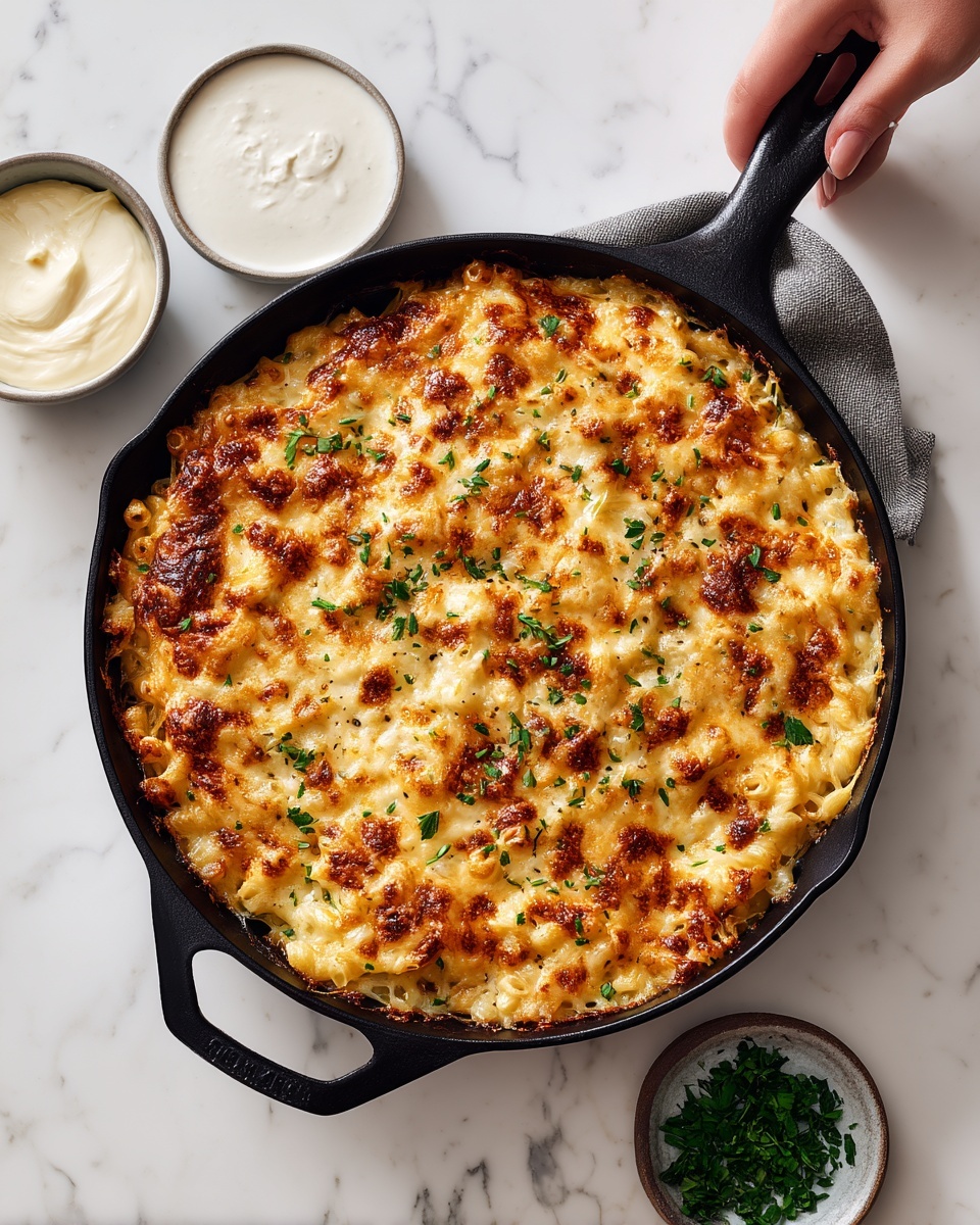 The image shows a black cast iron pan filled with a one-layer macaroni and cheese dish, topped with golden brown melted cheese that appears bubbly and slightly crispy around edges. Small bits of green herbs are sprinkled across the surface, adding a fresh touch. The pan is resting on a white marbled surface with two small bowls nearby, one containing white creamy sauce and the other with green leaves, likely herbs. A woman's hand is holding the pan handle on the upper right side. photo taken with an iphone --ar 4:5 --v 7