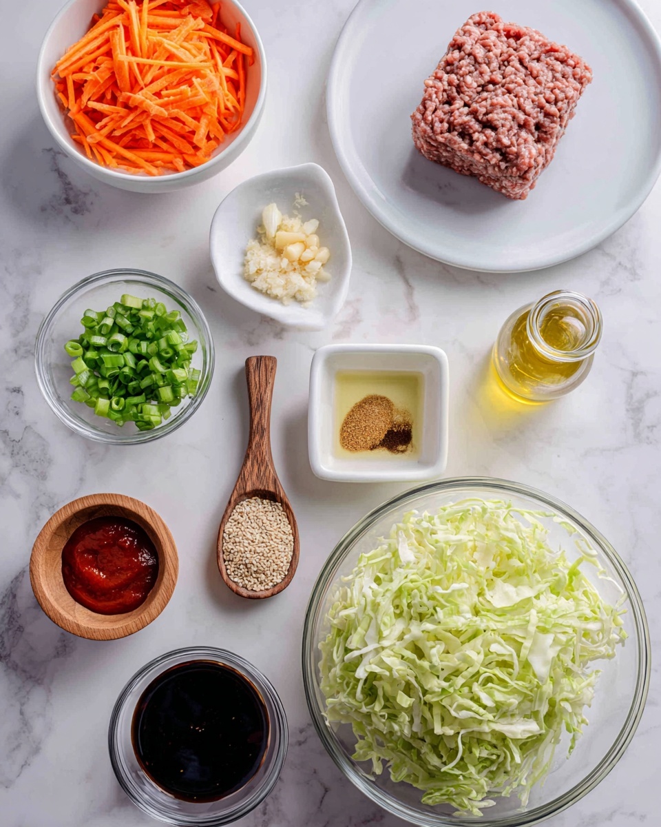 square image A collection of ingredients is arranged on a white marbled surface, featuring a cube of raw ground meat on a white plate in the upper right. Below it, a large clear glass bowl is filled with light green shredded cabbage. To the left, a white bowl holds thin, bright orange carrot strips. Above that, a small clear bowl contains chopped garlic and ginger. Nearby, there is a small white dish with salt and pepper. A wooden spoon with brown powder sits between these ingredients. Above the spoon, a clear bottle contains golden oil. A small white square dish next to the bottle holds a pale yellow liquid. At the top center, a white bowl is filled with chopped green onions. To the left of that is a small white bowl with red sauce and a wooden bowl with sesame seeds. At the bottom left, a small clear bowl has a dark soy-like sauce. Photo taken with an iphone --ar 4:5 --v 7
