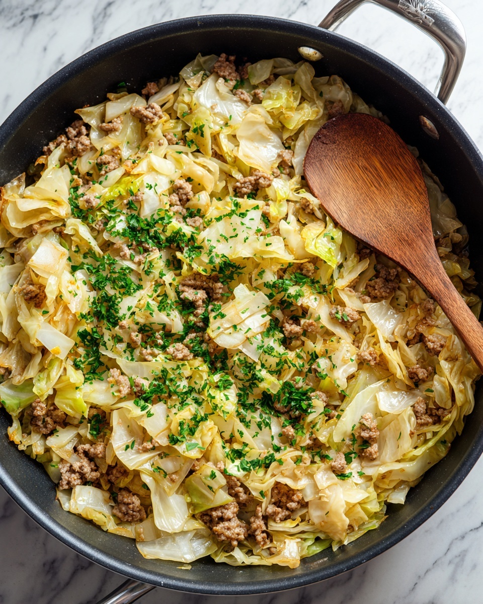 This image shows a cooked dish in a black pan with a wooden spoon on the right side. The dish has three main layers: a base of lightly browned, soft cabbage pieces that are yellowish-white with some darker browned edges, a middle layer of small, browned ground meat pieces evenly mixed throughout, and top layers of fresh, finely chopped bright green parsley sprinkled over the dish. The wooden spoon has a smooth texture and is partially buried in the food. The background shows a white marbled texture. photo taken with an iphone --ar 4:5 --v 7