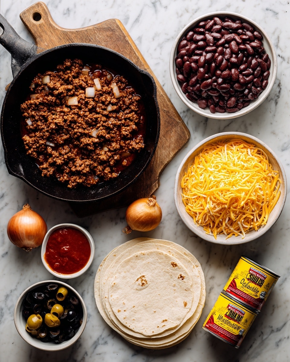 The image shows a white marbled surface with several food items arranged for making a meal. On the left, there is a wooden board holding a black cast iron pan filled with cooked brown ground meat and small chunks of translucent cooked onions. To the right of the pan, a round white bowl is filled with a heap of shredded yellow cheese. Above this bowl, there is a larger white bowl full of dark brown baked beans in sauce. Below the cheese bowl is a smaller white bowl with sliced black olives. Near the center right, two cans of red enchilada sauce in yellow and red packaging are placed leaning slightly. To the bottom right, there is a stack of white flour tortillas arranged neatly. Below the olives, there is a small white bowl with red salsa, along with two whole yellow onions placed on the marbled surface. Photo taken with an iphone --ar 4:5 --v 7
