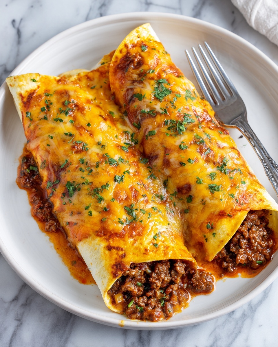 Two rolled enchiladas are placed side by side on a white plate. Each enchilada has a soft, golden-yellow tortilla filled with dark brown cooked beef mixed with small pieces of onion and green pepper, visible at the open ends. The enchiladas are covered with a shiny layer of melted light-yellow cheese and a reddish-orange sauce. Small green chopped herbs are sprinkled over the top, adding fresh color. The plate is set on a white marbled surface with a silver fork resting behind the enchiladas. photo taken with an iphone --ar 4:5 --v 7