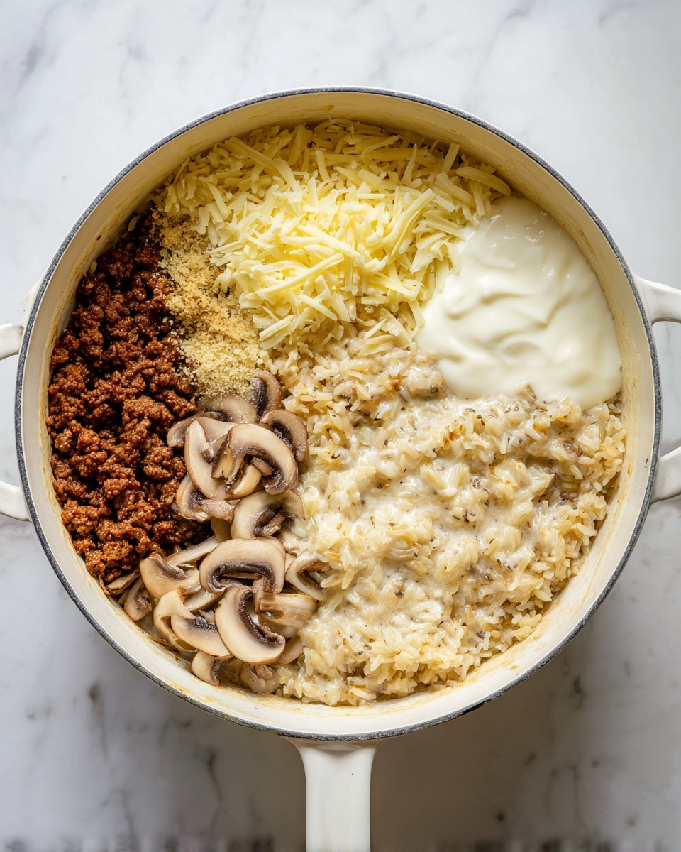 A white cooking pot filled with a mixture of five distinct layers: on the top left, crumbled cooked ground meat with a dark brown color; below it, light yellow shredded cheese; to the center, light brown cooked rice mixed with sliced mushrooms; to the right of the rice, a creamy white sauce; and next to the sauce, a small portion of thick white cream. The second image shows the same pot with all ingredients mixed together into a creamy and chunky beige mixture, where the layers blend into a uniform texture with bits of mushrooms and meat visible. The pot is sitting on a white marbled surface. photo taken with an iphone --ar 4:5 --v 7