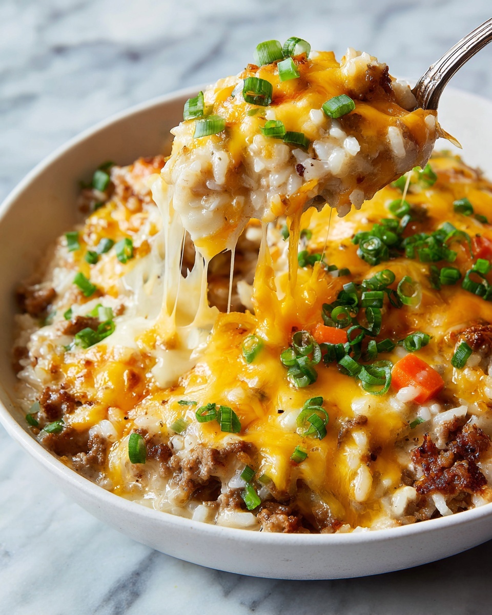 The dish is a close-up of a cheesy rice casserole served in a white bowl, showing stretchy melted cheese being lifted with a utensil. The bottom layer is a creamy, soft rice mixed with browned ground meat, visible as small brown bits throughout. On top of the rice and meat layer, there are melted yellow and white cheese layers that look smooth and stretchy, with some finely chopped green onions sprinkled glowing fresh green on the cheese. Small diced orange carrots add color and texture, peeking through the cheese. The bowl sits on a white marbled surface, and the photo is taken with an iphone --ar 4:5 --v 7