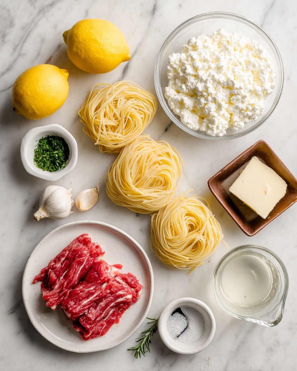 The image shows a white marbled surface with several cooking ingredients arranged neatly. There are five nests of uncooked pale yellow pasta placed in the center. To the left of the pasta is a whole bright yellow lemon. On the upper right, there is a clear glass bowl filled with white ricotta cheese. Below it, a small brown square dish holds a dollop of pale butter. In the middle at the bottom, a white plate contains thin slices of bright red raw meat with white fat. On the left edge, small white bowls contain green herbs and sliced garlic. At the bottom, there is a glass measuring cup filled with a clear liquid, and next to it is a white dish with a black measuring spoon resting inside containing salt. The overall look is clean and fresh. photo taken with an iphone --ar 4:5 --v 7