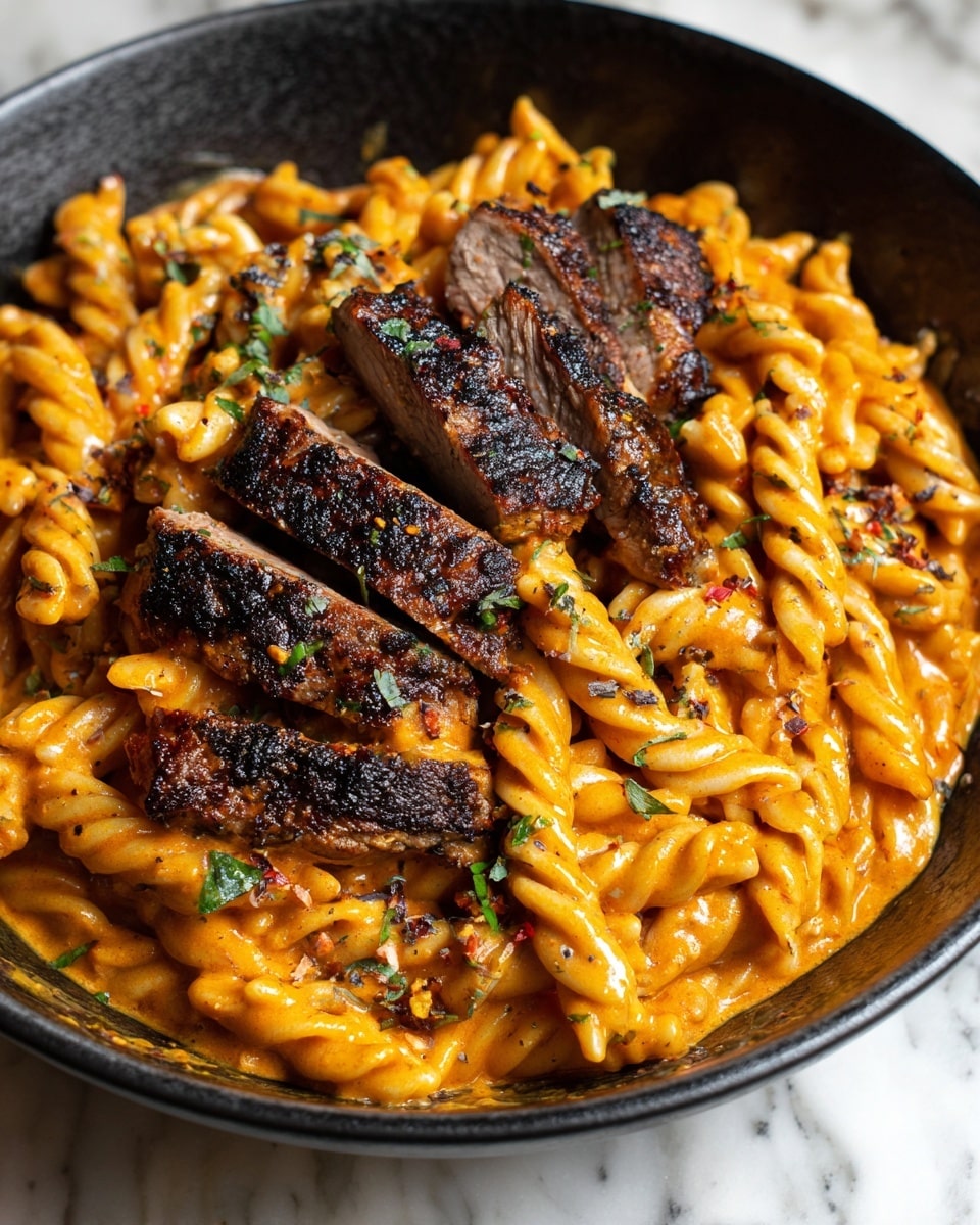 The image shows a close-up of a black pan filled with twisted pasta coated in a rich, creamy orange sauce. On top of the pasta, there are several slices of grilled meat with a dark brown crust, arranged in a scattered way. Small bits of green herbs are sprinkled over the dish, adding a touch of color. The texture of the pasta looks smooth and well-coated, while the meat has a crispy outer layer and juicy inside. The whole scene is set on a white marbled surface. Photo taken with an iphone --ar 4:5 --v 7