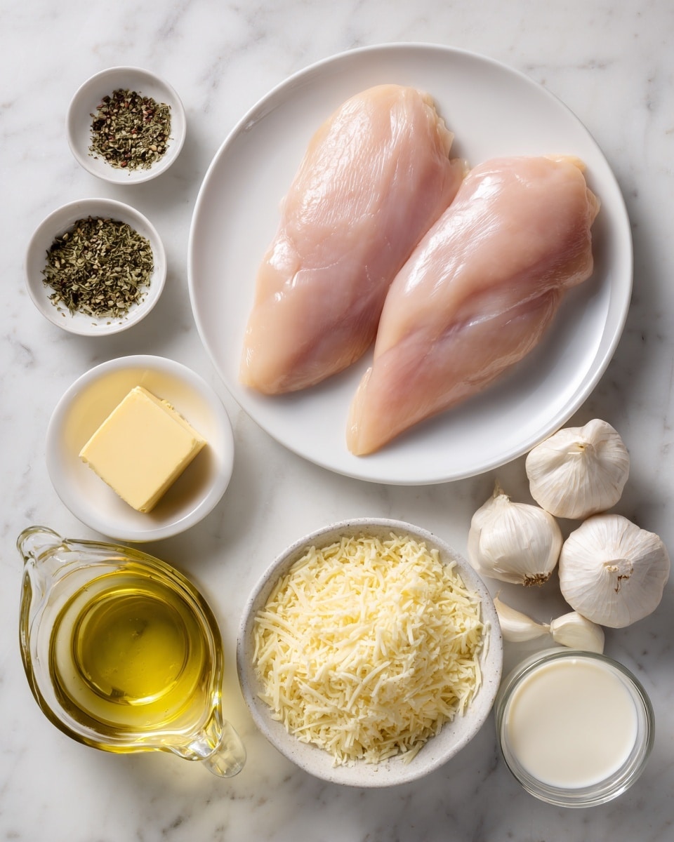square imag A white plate sits near the top right with two raw pale pink chicken breasts placed side by side, smooth and slightly shiny. Surrounding the plate are small white bowls: one on the left contains mixed green and black dried herbs and black pepper, one below it holds a yellow square of butter, and another large bowl on the right is full of whole garlic cloves with off-white skins. At the bottom center is a medium white bowl filled with pale yellow grated cheese. Near the bottom left, a glass measuring jug contains clear light yellow cooking oil, and adjacent to it on the right is another glass measuring jug filled with white cream. All items rest on a white marbled surface. photo taken with an iphone --ar 4:5 --v 7