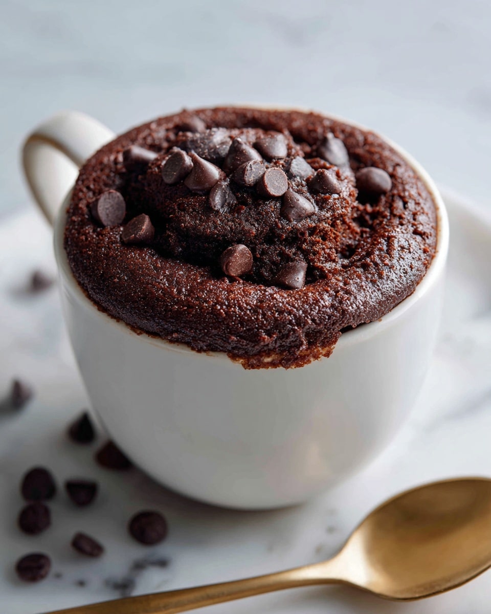 The image shows a white cup filled with a chocolate cake that looks soft and moist, topped with scattered dark chocolate chips on the surface. The cake has a rich dark brown color with slightly rough texture, rising just under the rim of the cup. The cup sits on a white marbled surface with a few chocolate chips near the base and a golden spoon on the right side. The background is simple and softly lit, making the cake the main focus. Photo taken with an iphone --ar 4:5 --v 7