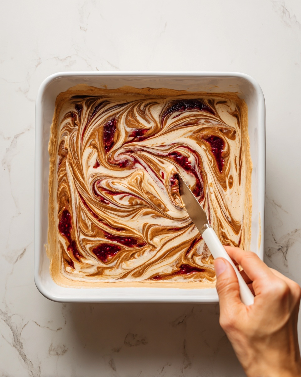The image shows a white square baking dish filled with a thick, creamy batter that is light beige in color. Swirled through the top are rich, dark reddish patches of fruit and darker brown streaks of what looks like a nut butter, all mixed into the batter in a marbled pattern. A woman's hand is holding a butter knife, gently swirling the layers together to create a textured, swirled look on the surface. The dish is placed on a white marbled surface. photo taken with an iphone --ar 4:5 --v 7