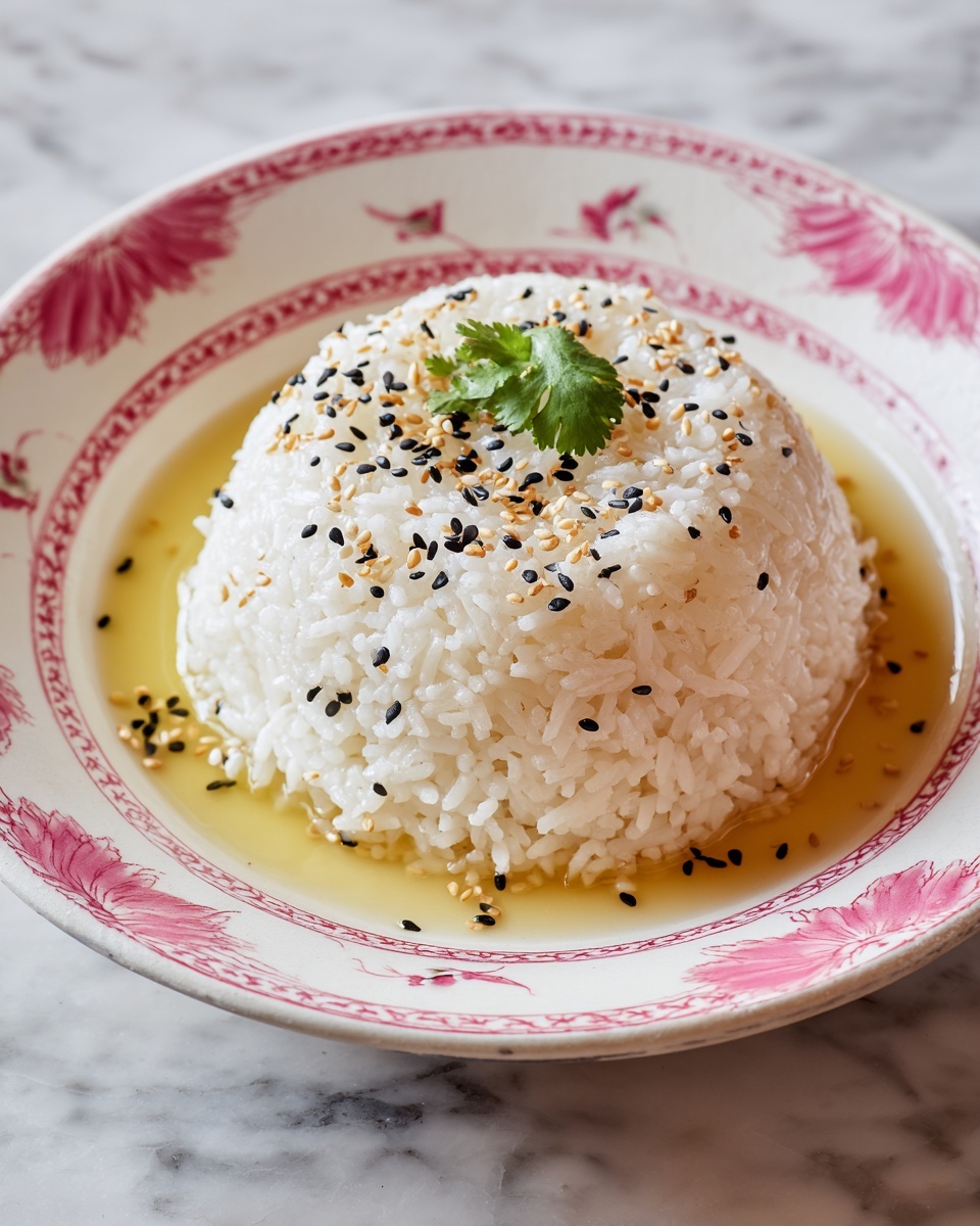 A dome-shaped mound of white rice sits in the center of a white bowl with light pink floral patterns on the rim. The rice is topped with scattered black and white sesame seeds and a small green sprig of cilantro in the middle. Around the base of the rice is a pale yellow liquid that pools slightly in the bowl. The bowl rests on a white marbled surface. Photo taken with an iphone --ar 4:5 --v 7