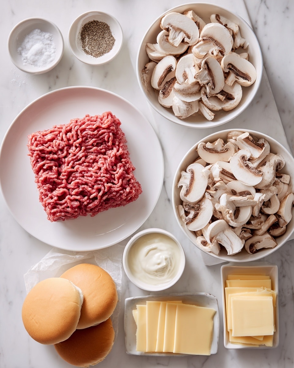 The image shows ingredients arranged on a white marbled surface. There are two white plates, one holding a square piece of raw ground meat with a deep red color and the other filled with sliced mushrooms that are light brown and white. Around these plates, there are small white bowls containing white creamy sauce, ground black pepper, a small yellow block of butter, and salt. Near the bottom, there are two soft yellow hamburger buns and a small stack of four pale yellow rectangular cheese slices. Photo taken with an iphone --ar 4:5 --v 7