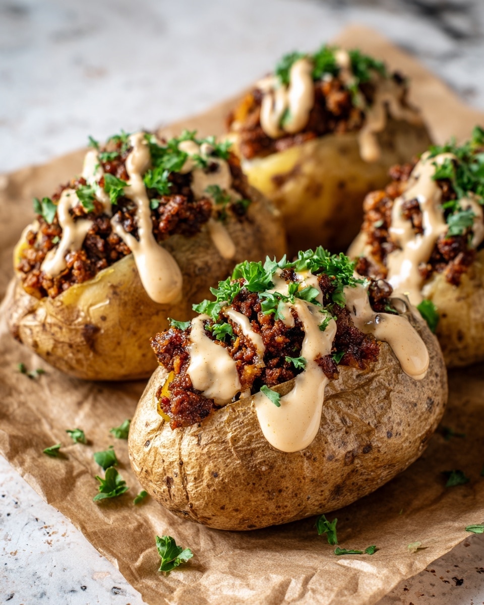 Three baked potatoes sit side by side on brown paper over a white marbled surface. Each potato has a golden brown, slightly textured skin with a long slit down the middle. Inside the slit is a dark brown minced meat filling that looks crumbly and rich. On top of the filling and a bit dripping down the sides is a creamy light beige sauce in uneven dollops, adding a smooth contrast to the rough textures of the meat and potato. Photo taken with an iphone --ar 4:5 --v 7